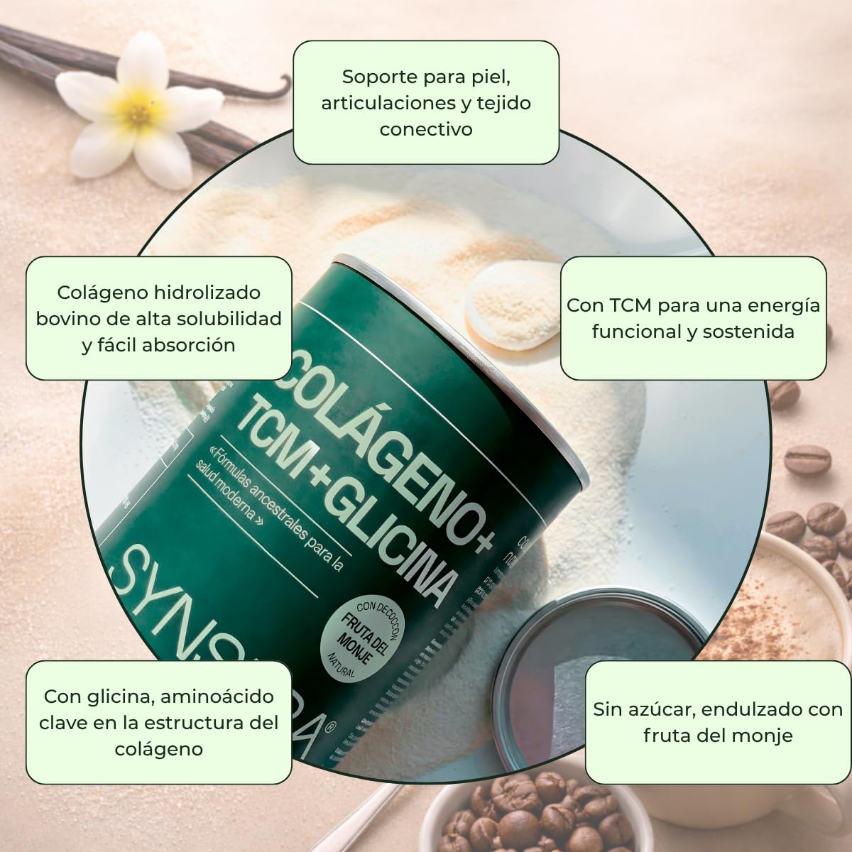 SYNSERA – Colágeno Hidrolizado en Polvo con TCM (MCT) y Glicina – Deep Collagen Bebible – Sabor Mocca – Articulaciones, Piel y Energía – Endulzado con Fruta del Monje – Sin Azúcar – 400 g