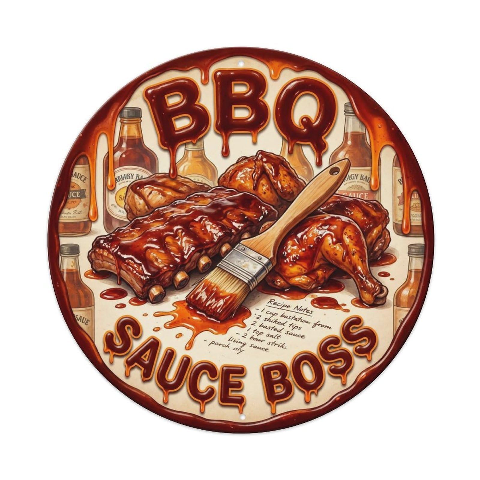 BBQ Barbecue Sauce Artwork Vintage Metal Tin Sign Plaque Wall Decor for Cafe, Club, Garden Round Metal Poster 8x8Inch