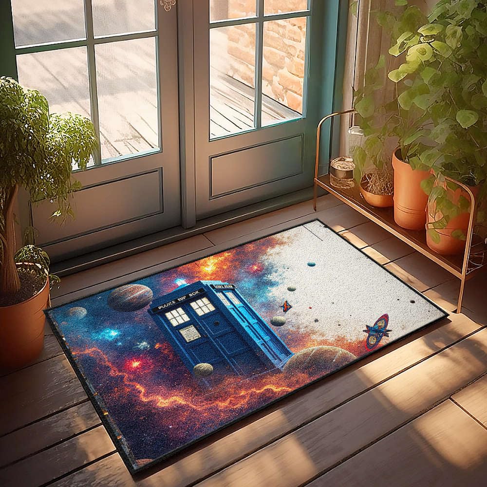 Tapis superposé pour porche avant avec motif cabine de police bleue espace et étoiles
