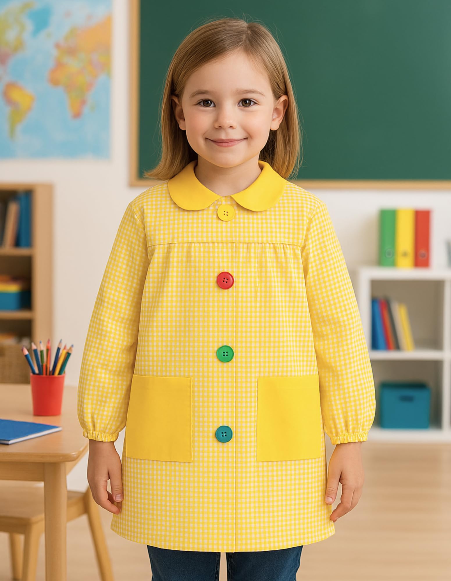 ESCOLAIN Lemon tree Gingham School Smock - Reinforced Collar, Large Easy-Fasten Button & 2 Pockets, Yellow, 8 - Image 3