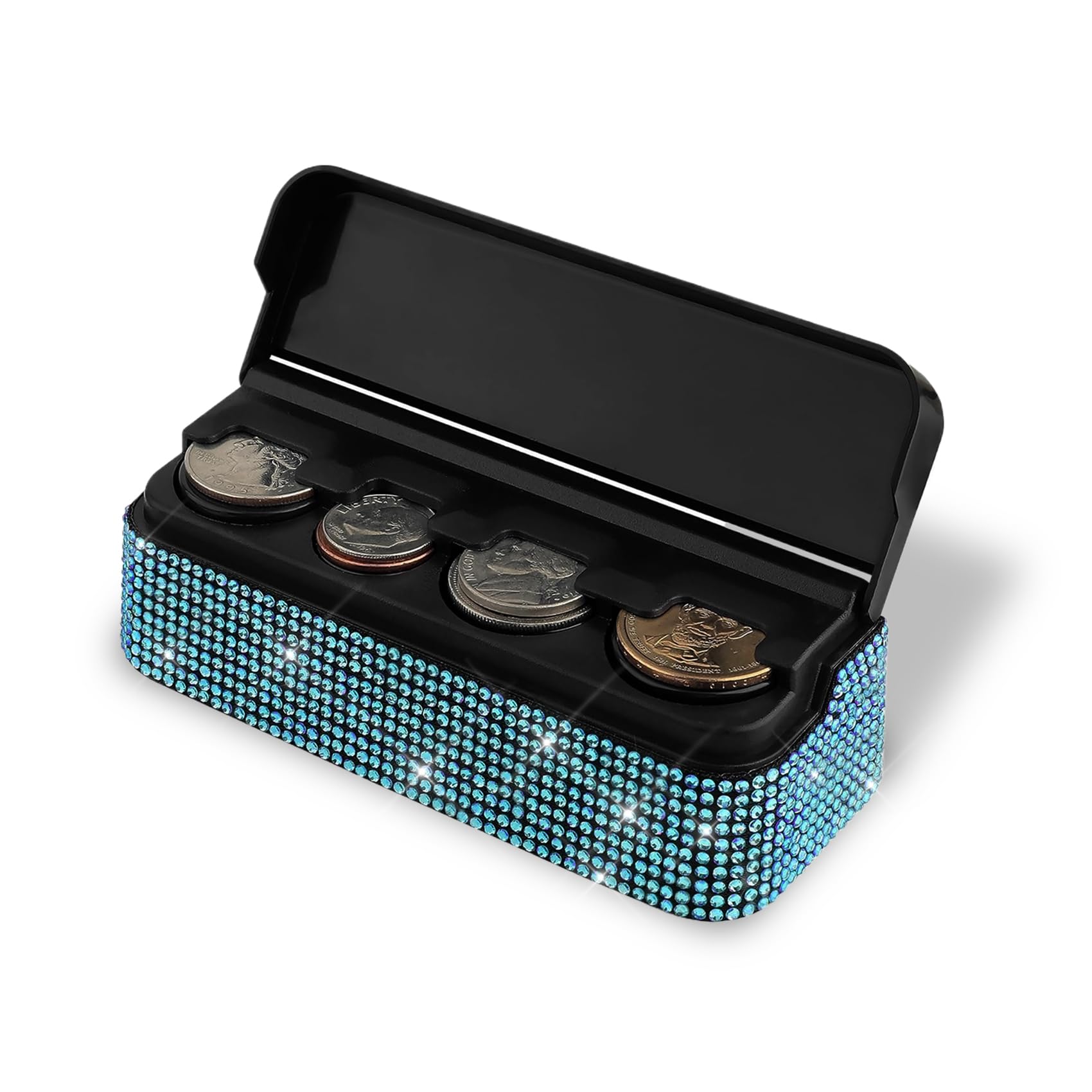 Bling Coin Holder for Car, Car Change Holder, Crystal Rhinestone Vehicle Change Organizer Box, Bling Car Interior Accessories Coin Dispenser Universal Fit Most SUVs Sedans Trucks (Lake Blue)
