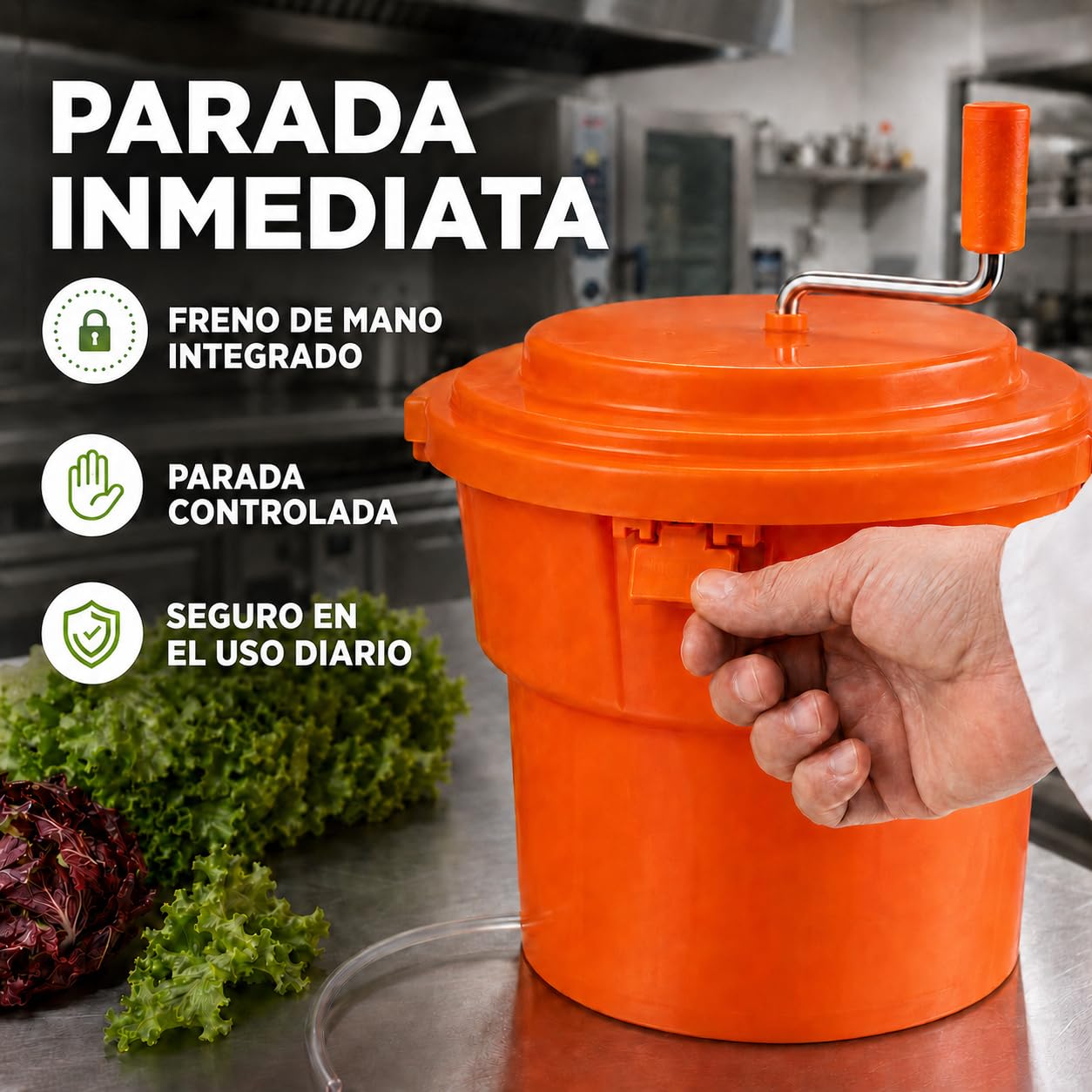 Centrífuga para Lechuga 25 litros, plástico Naranja, Ø 44 cm con Eje de transmisión Protegido, función de empaquetado y Manguera de desagüe, gastronomía, restaurantes escurridor de Ensalada