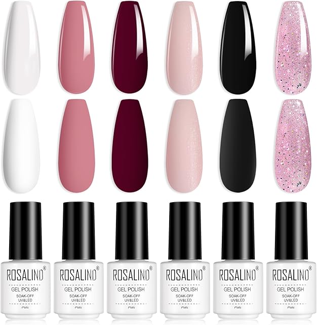 ROSALIND Żelowy Lakier do Paznokci, 6 Kolorów, Biały Czarny Różowy Brokat Kolor, UV LED Gel Polish, żel, Lakier do Paznokci Zestaw, 6pcs