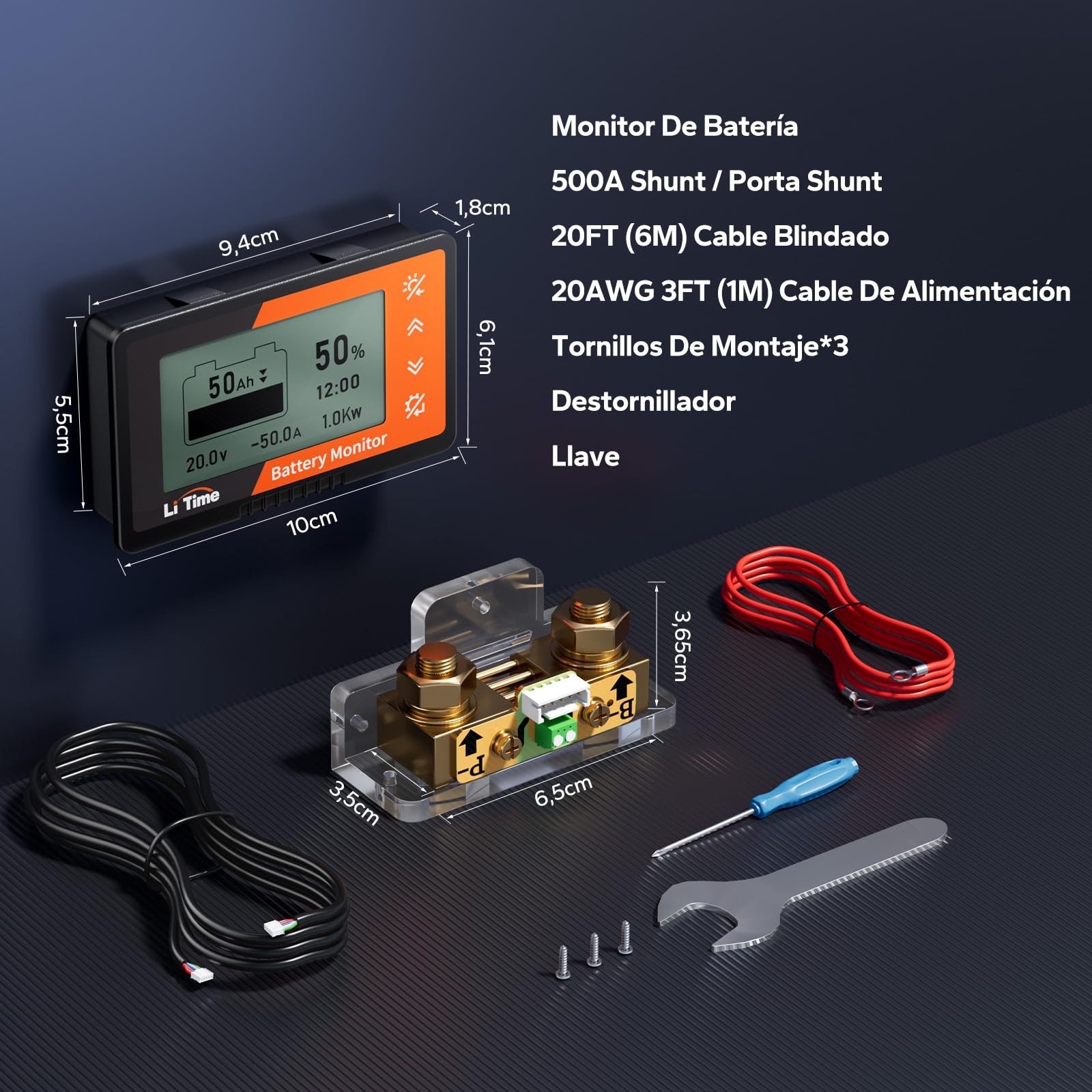 LiTime Monitor de Nivel de Batería con Shunt, 500A 8V-120V Monitor de Nivel de Batería con Pantalla LCD Retroiluminada, Alarma Buzzer para RV, Carro de Golf, Panel Solar