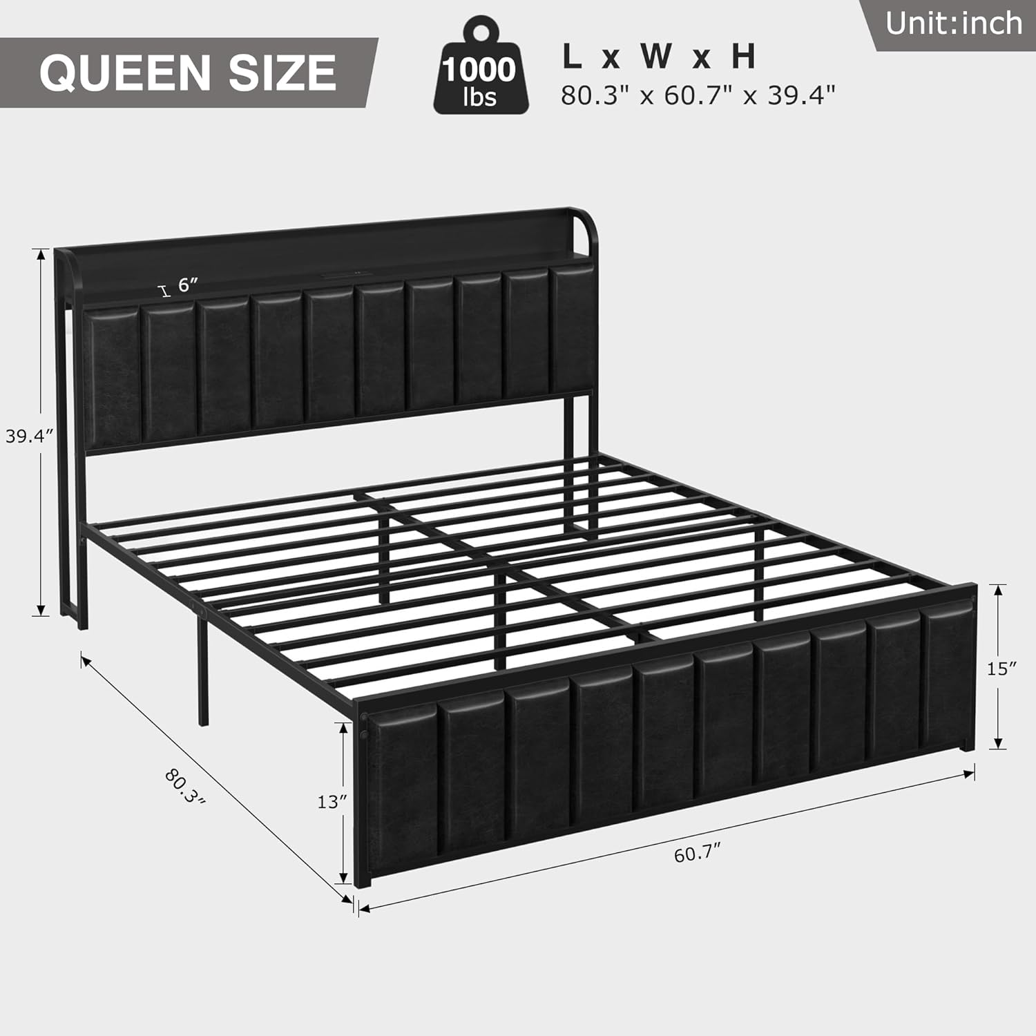VECELO Queen Bed Frame, Storage Upholstered Headboard with Charging Station, Platform Bedframe, Heavy Duty Metal Slats, No Box Spring Needed, Noise-Free, Easy Assembly, Dark&Black