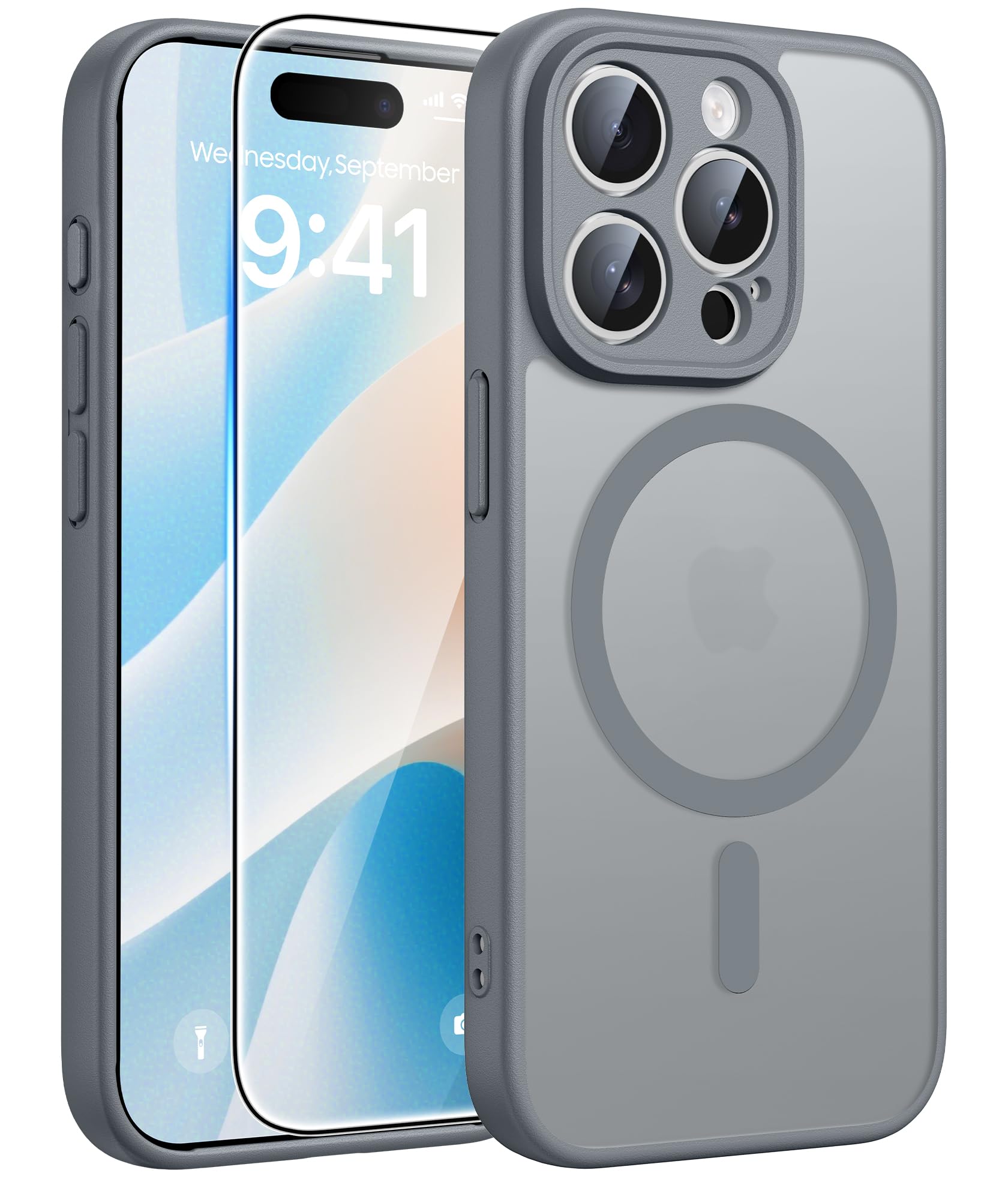 FNTCASE for iPhone 15 Pro Case, Fit for Magsafe, Screen Protector, Gray