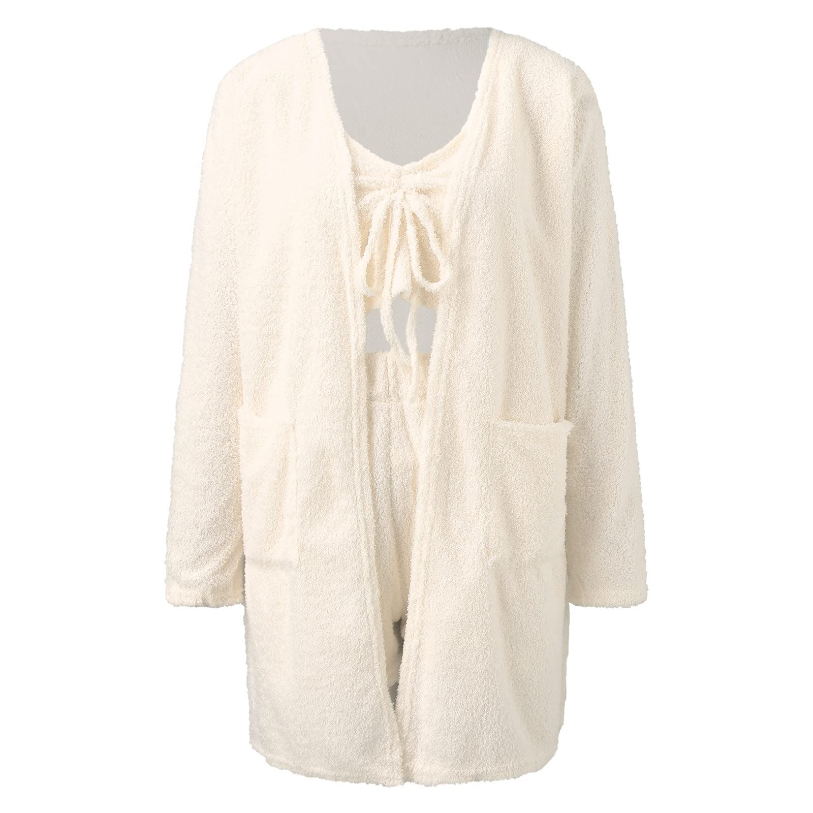 Pyjama pour femme en peluche chaude | Combinaison de maison pour femme 3 pièces Pyjama doux avec pyjama | Ensemble cami et short Ensemble de vêtements de nuit pour femme Manteau uni Ensembles de