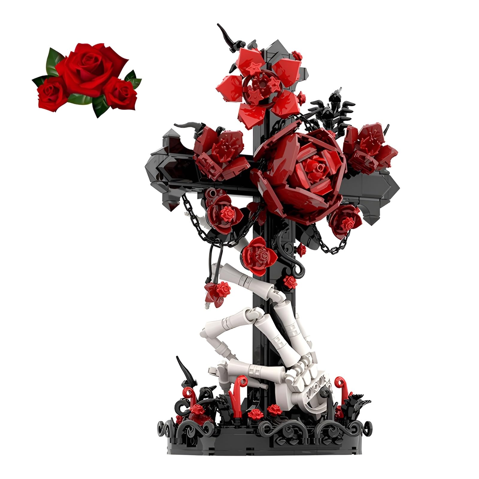 Red Rose & Skeleton Cross Building Blocks Kit, MOC Skull Creative Artificial Flower Bricks Set, Dark Gothic Botanical Collection Model Toys, Gothic Room Decor Gifts for Adults Teens Enthusiasts-636PCS — image 1