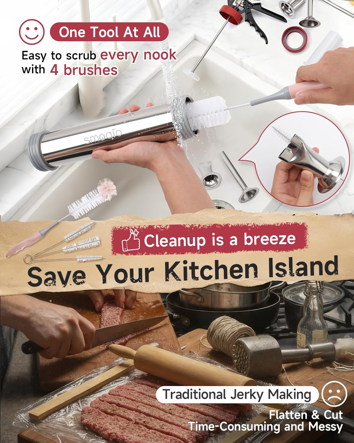 2LB Jerky Gun Kits, 304 Stainless Steel Beef Stick Gun, Beef Jerky Shooter Cannon with 6 Versatile Nozzles, Suitable for 19mm Snack Stick, with 4 Cleaning Brushes and 1 Meat Pusher