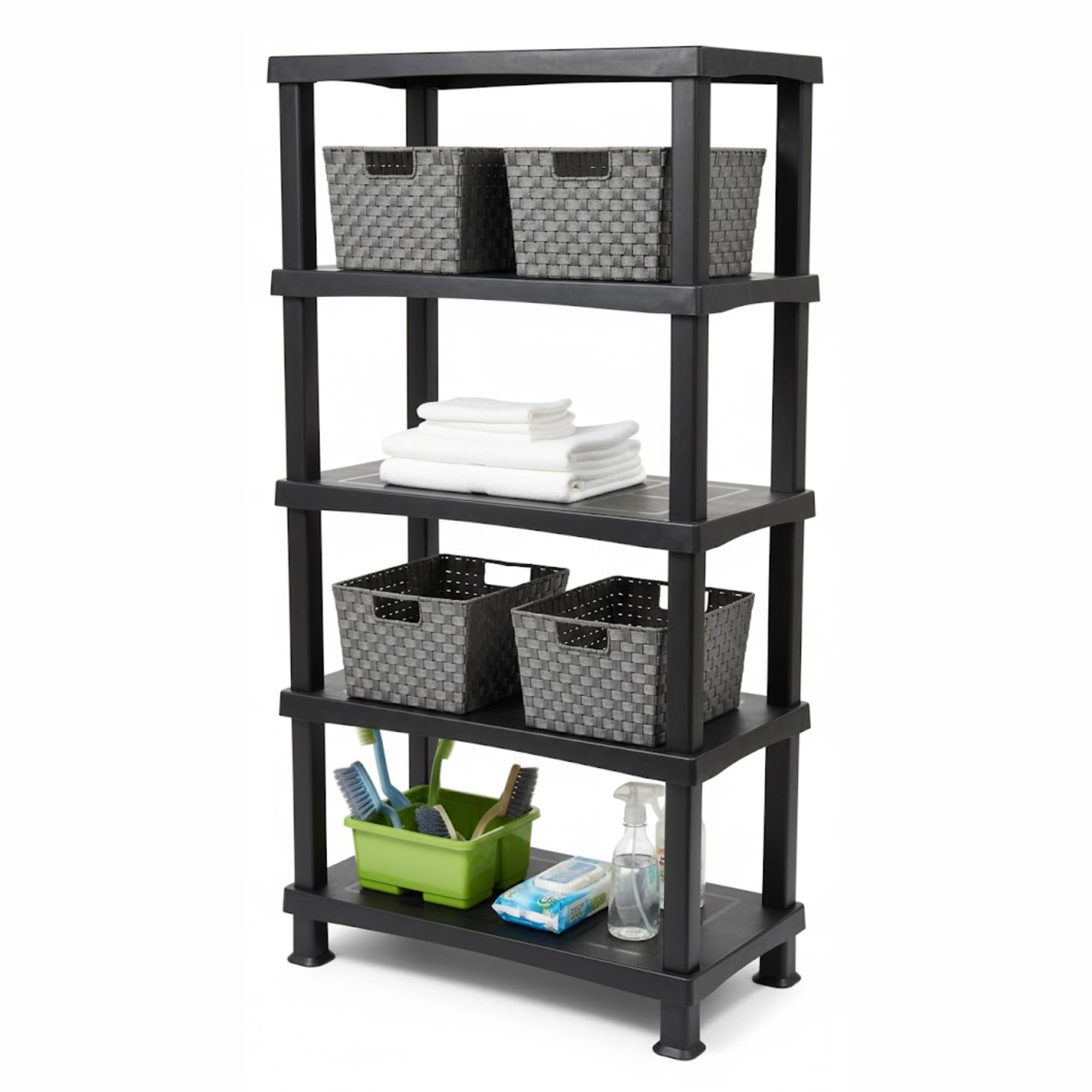 ALEEZ - 5 Tier Plastic Shelving Unit - Heavy Duty Storage Shelves - Storage Rack For Home, Garage, Shed, Warehouse - 25kg/55lbs Per Shelf - No Tools Required - Push Fit Assembly, Black (1, 5 Tier)