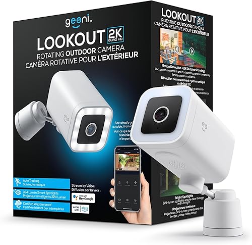 Geeni Lookout - Cámara de seguridad para exteriores 2K con seguimiento de movimiento, IP65 resistente a la intemperie, control de voz WiFi,