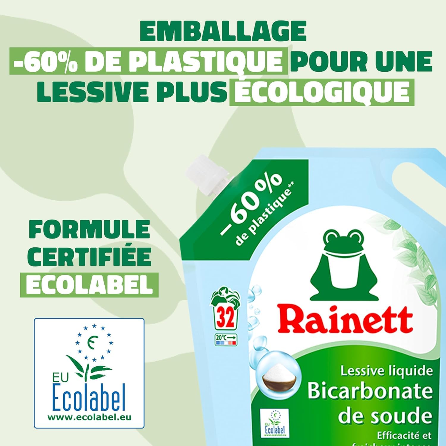 RAINETT - Lessive Liquide - Tensioactifs d'Origine Végétale - Efficace Dès 20° - Ecolabel - Bicarbonate - 160 Lavages - Éco-Recharge Pack de 5 x 1,6 L