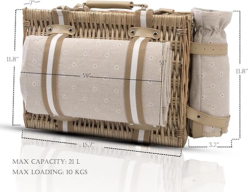 Miniatura 10 de 19 cestas de picnic para 2 personas con forro aislante y bolsa de vino impermeable para manta de picnic, gran cesta de picnic de mimbre para