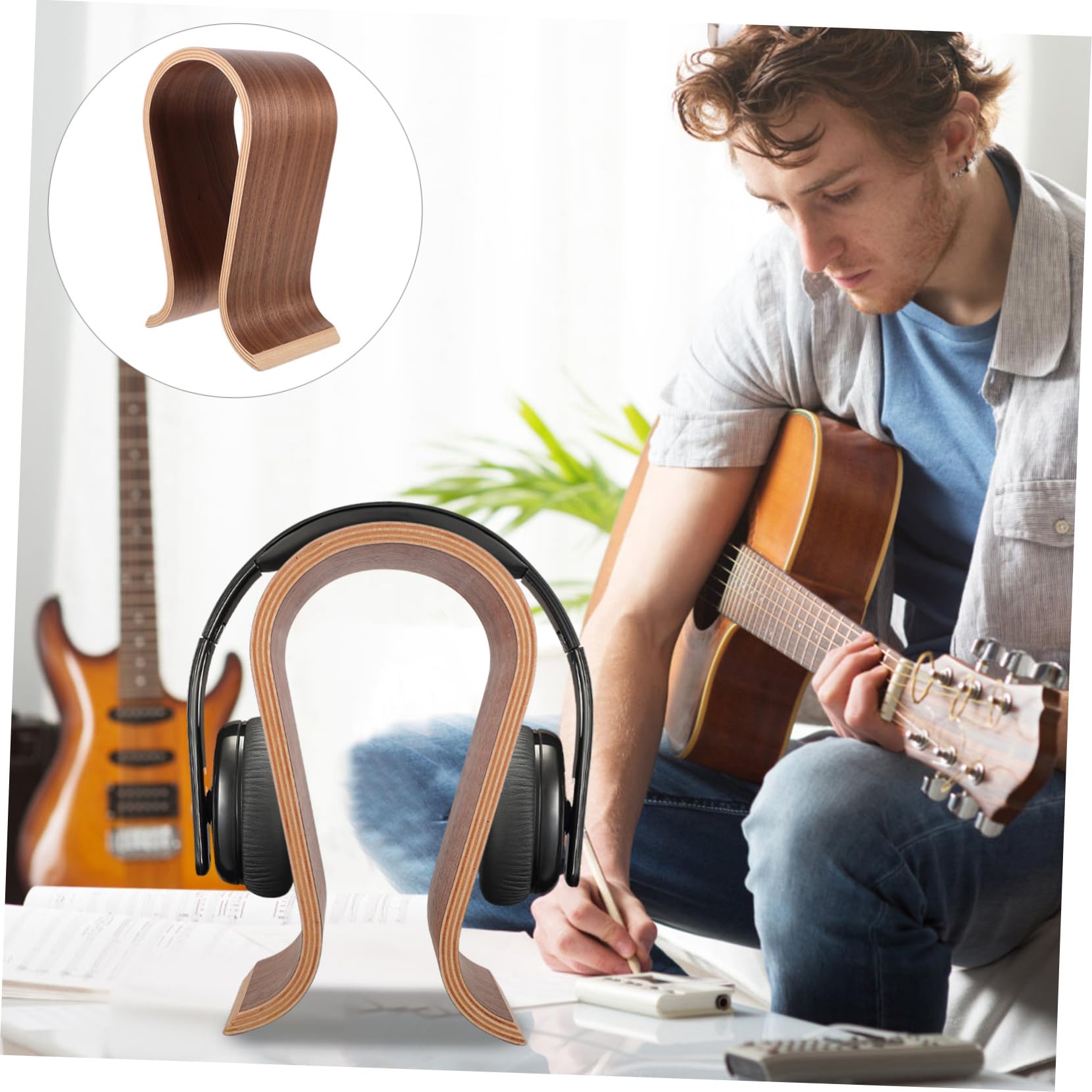 Homoyoyo Soporte De Auriculares De Madera Natural Soporte para Escritorio Exhibidor De Auriculares Diseño Sencillo y Compacto Almacenamiento Resistente y Duradero