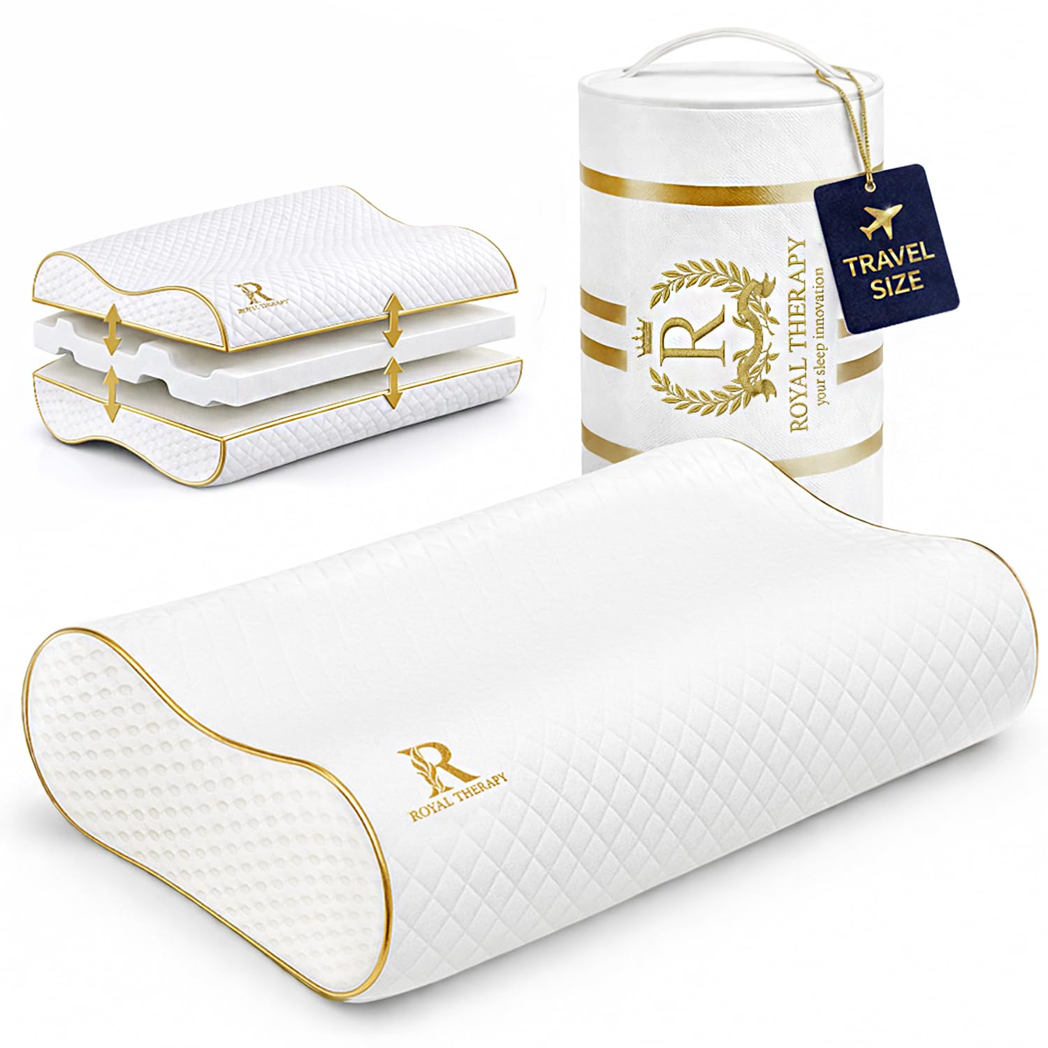 Royal Therapy Almohada de espuma viscoelástica de viaje, almohada de cuello de bambú ajustable para dormir de lado (viaje 18 x 12 x 5)
