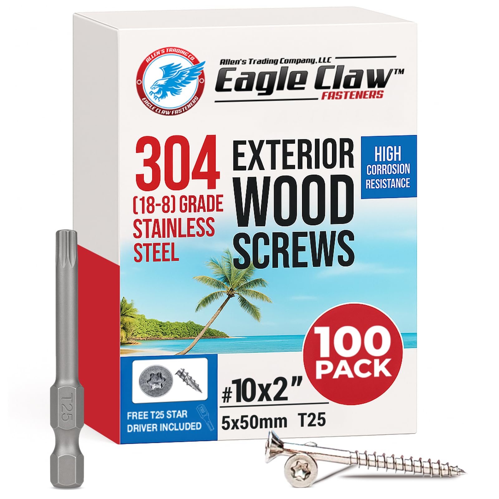 #10 x 2 Inch Stainless Steel Deck Screws | 304 Grade (100 Pack) | Flat Head T25 Star Torx Drive | Stainless Steel Screws by Eagle Claw Fasteners |