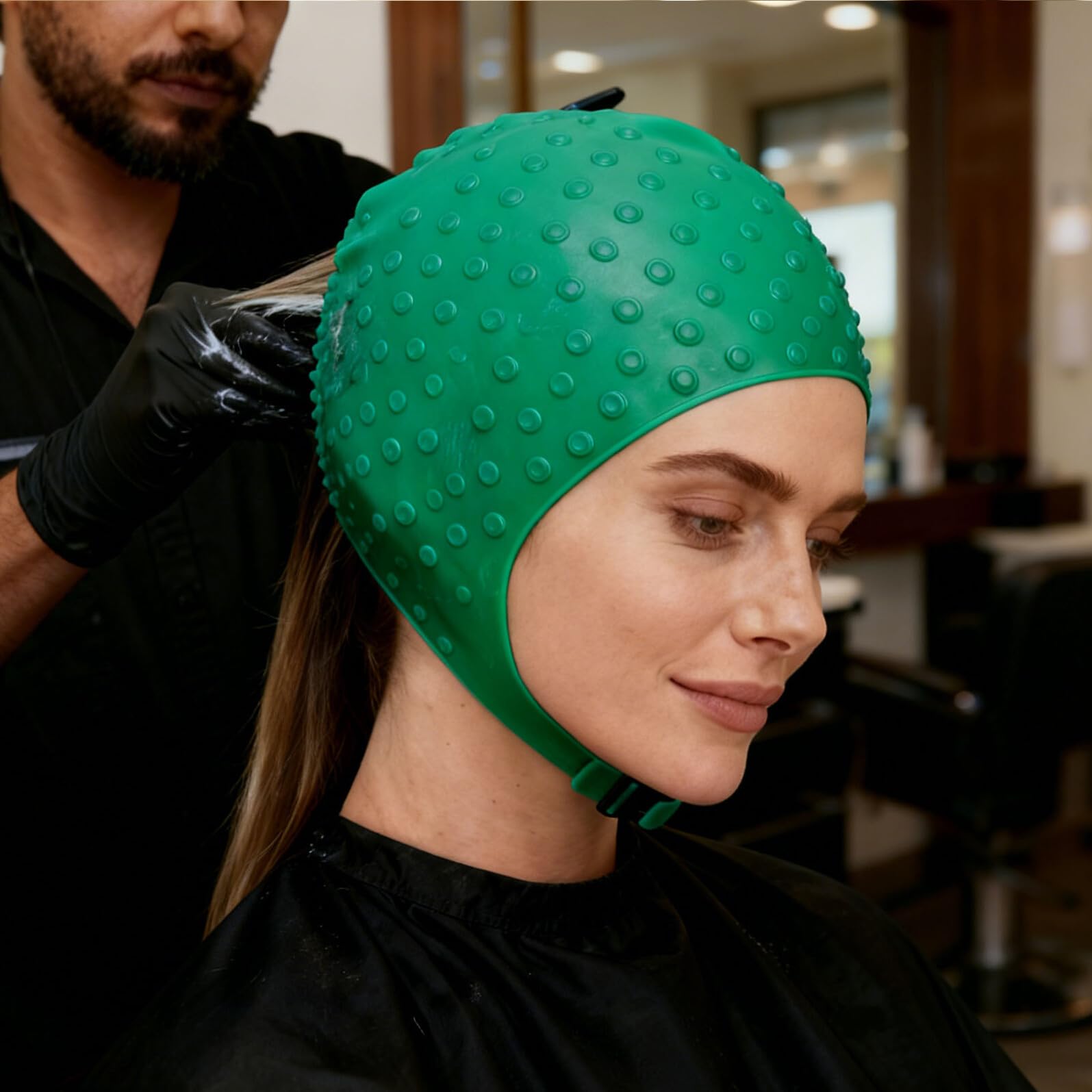 Bonnet de Coloration en Silicone Vert avec Aiguilles Perforées pour Mèches Kit Professionnel pour Décoloration et Soins Capillaires à Domicile et Salon Outil Solide et Souple