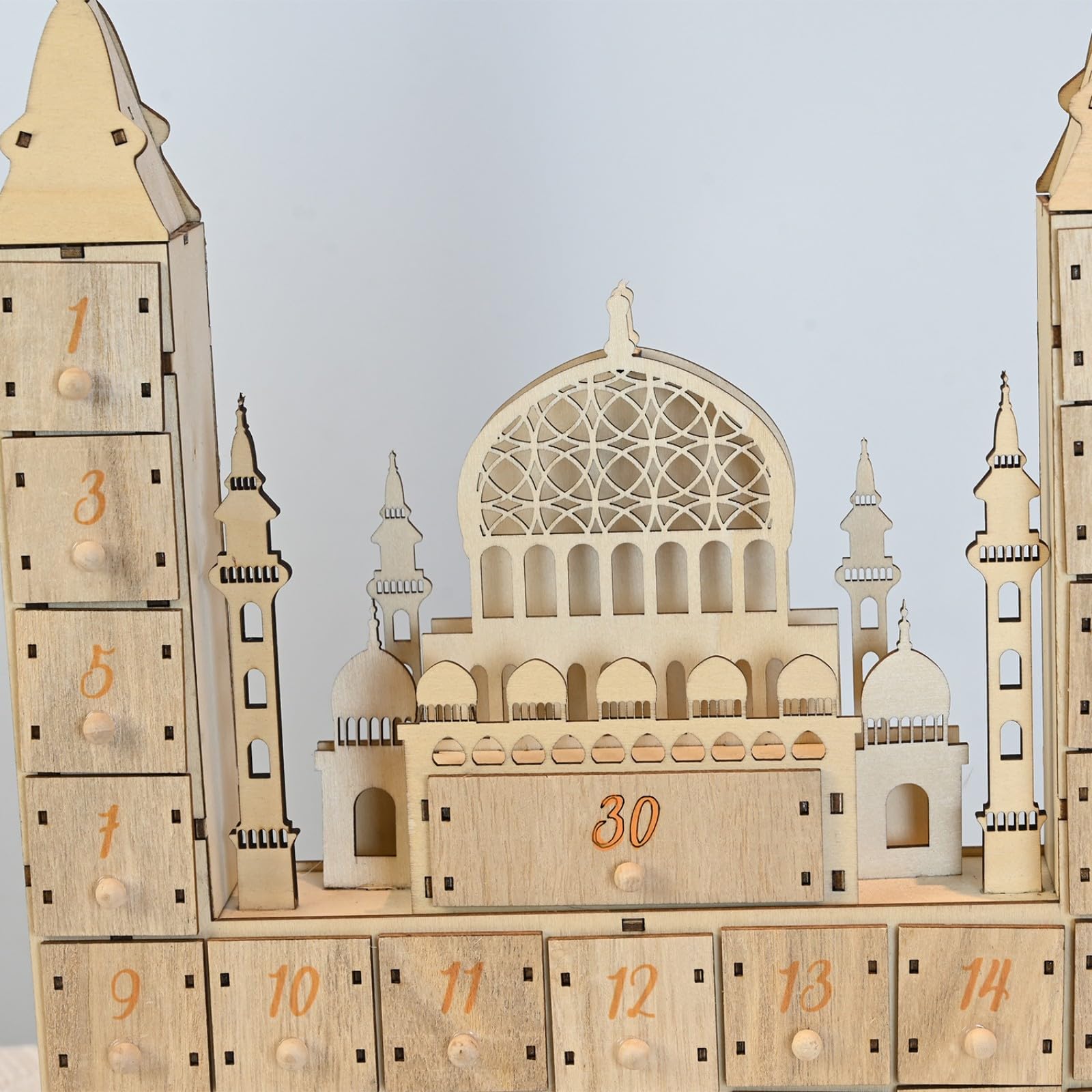 Calendario per conto alla rovescia dei castelli del Ramadan, con luce a LED e 30 cassetti, decorazioni per l'avvento in legno per feste islamiche
