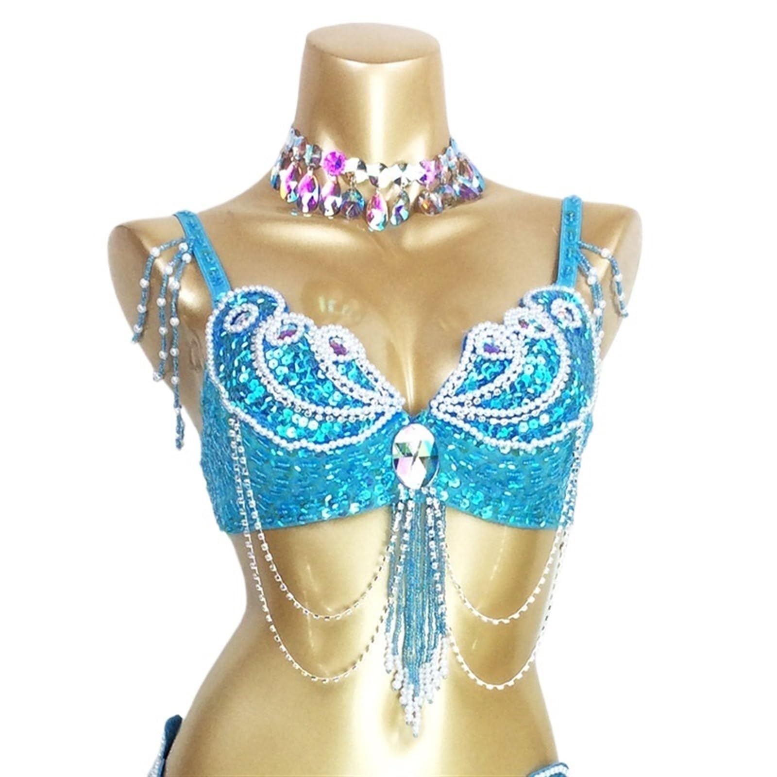 Hwjfdc Women's Turquoise_b Sequin Bra Top Sexy Beaded Sequins Belly Dance Costumes Bra Professional Belly Dancer Outfits Stage & Dance Carnival Tops(34,)