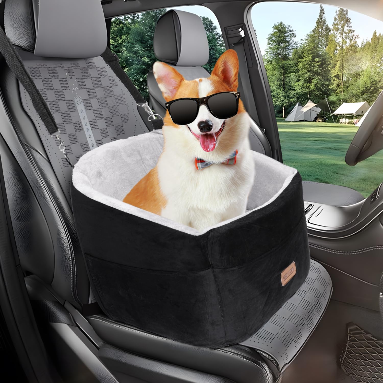 Nobleza Asiento Perro Coche Pequeño, Asiento Elevado para Mascotas con Cojín Grueso y Bolsillos Laterales, Cama Perro Coche Lavable Segura y Cómoda para Perros y Gatos, 50 * 50 * 40 cm, Negro