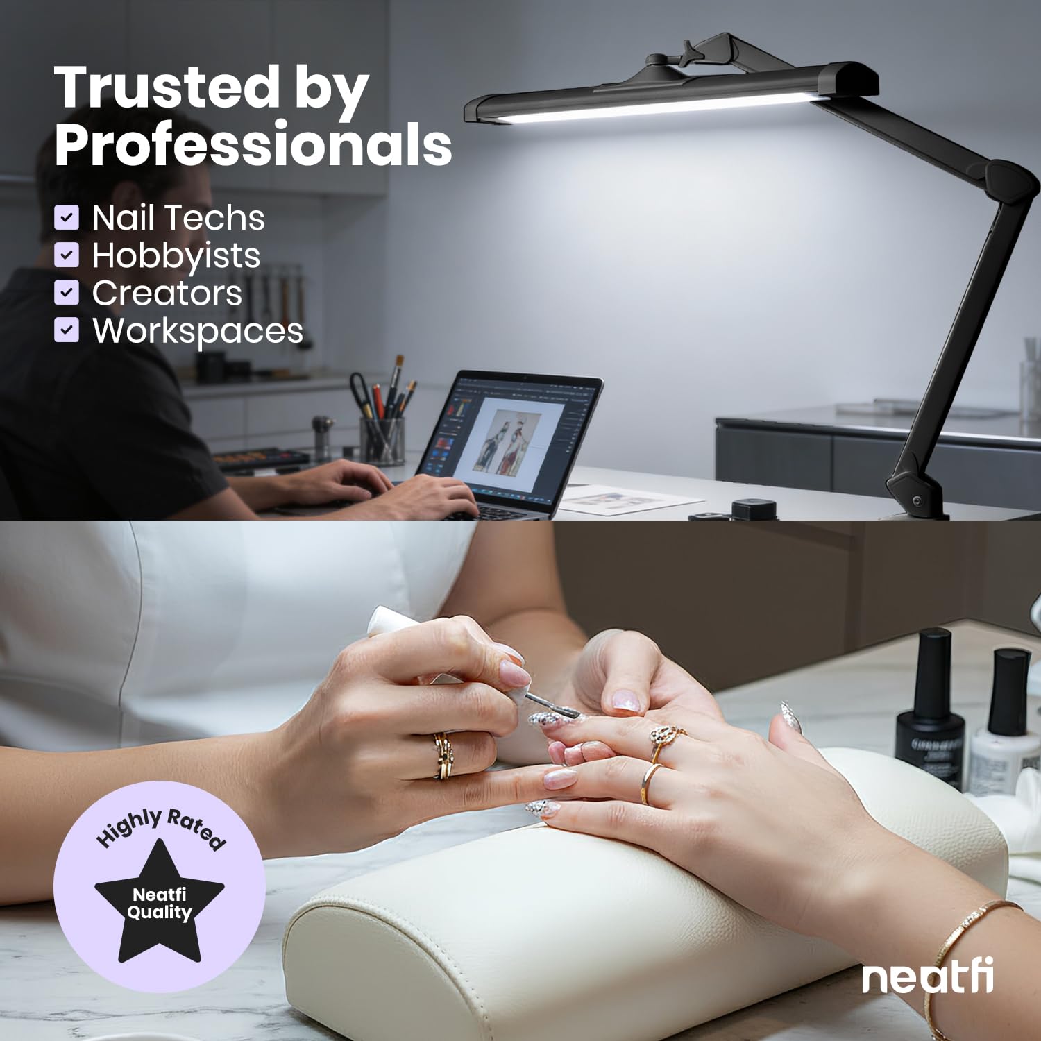Neatfi Lampada da Scrivania LED da 3.500 Lumen – 45W Dimmerabile | 3 Modalità di Luce | 540 LED SMD | Controllo Touch | Paralume in Metallo Largo 66cm | Artigianato e Ufficio (Nero, CCT con morsetto)