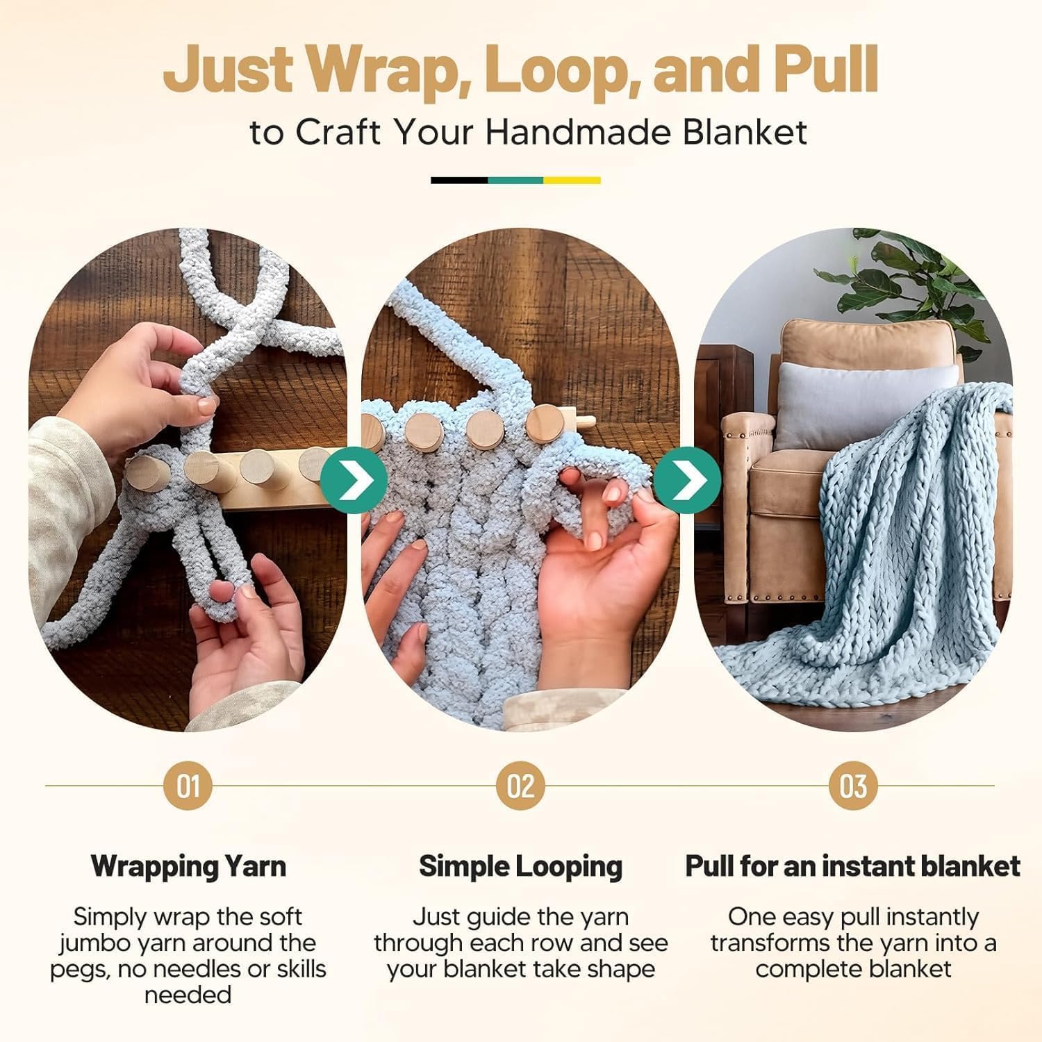 32/48/62 Inch Chunky Hand Knit Blanket Looms, Chunky Knit Looms for Blankets, Expandable Wooden Chunky Blanket Looms for Jumbo Yarn (62in)