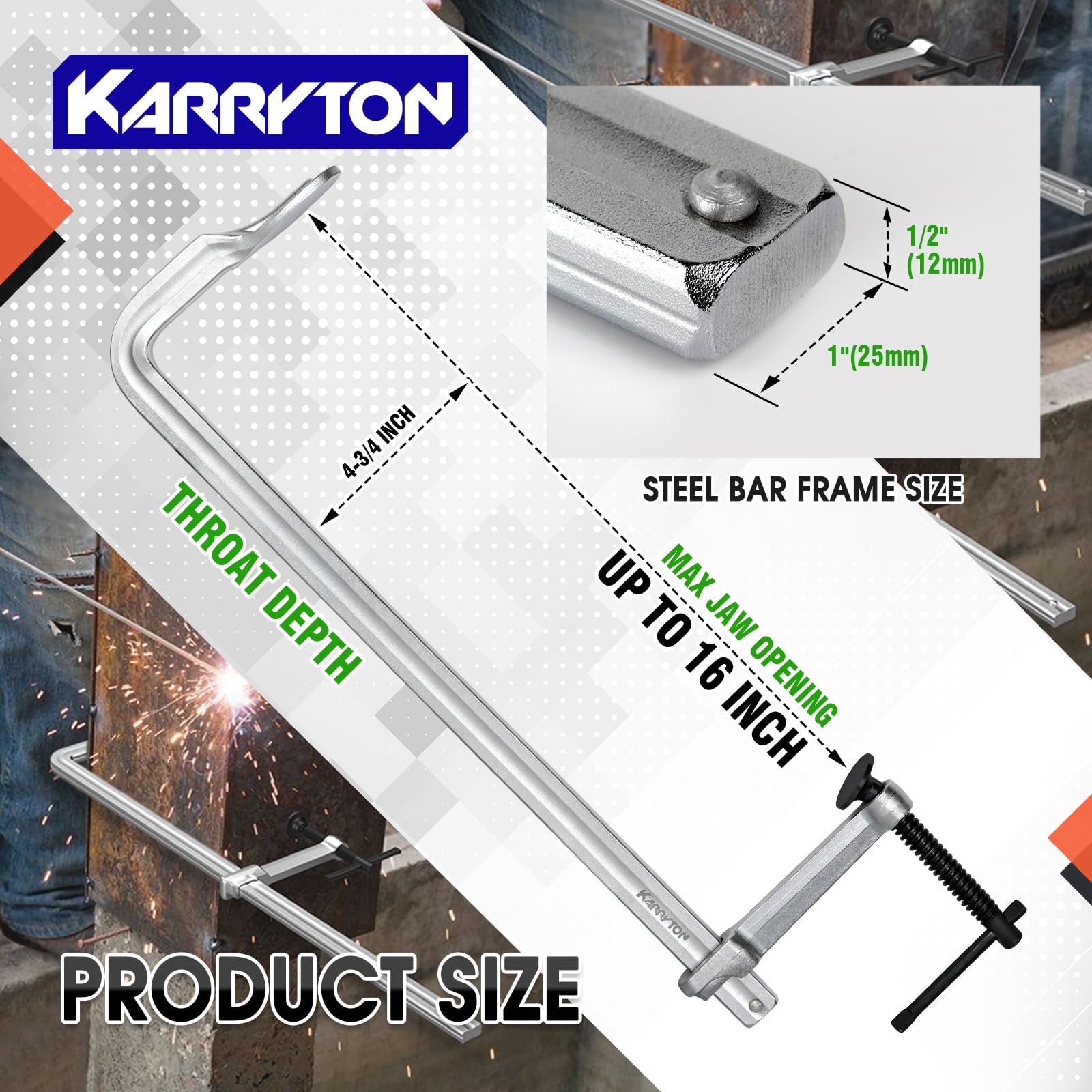KARRYTON 2-Pack Heavy Duty 16"(400x120mm) F-Clamp W/ 4-3/4" Throat Depth, Bar Size 1"x15/32", 1400LB Clamping Force, Drop Forged Steel Bar Clamps For - View #5