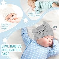 Vista 3 de Zando Gorros para bebé recién nacida con lazo grande, gorro de algodón y manoplas, gorro de invierno para niñas y niños