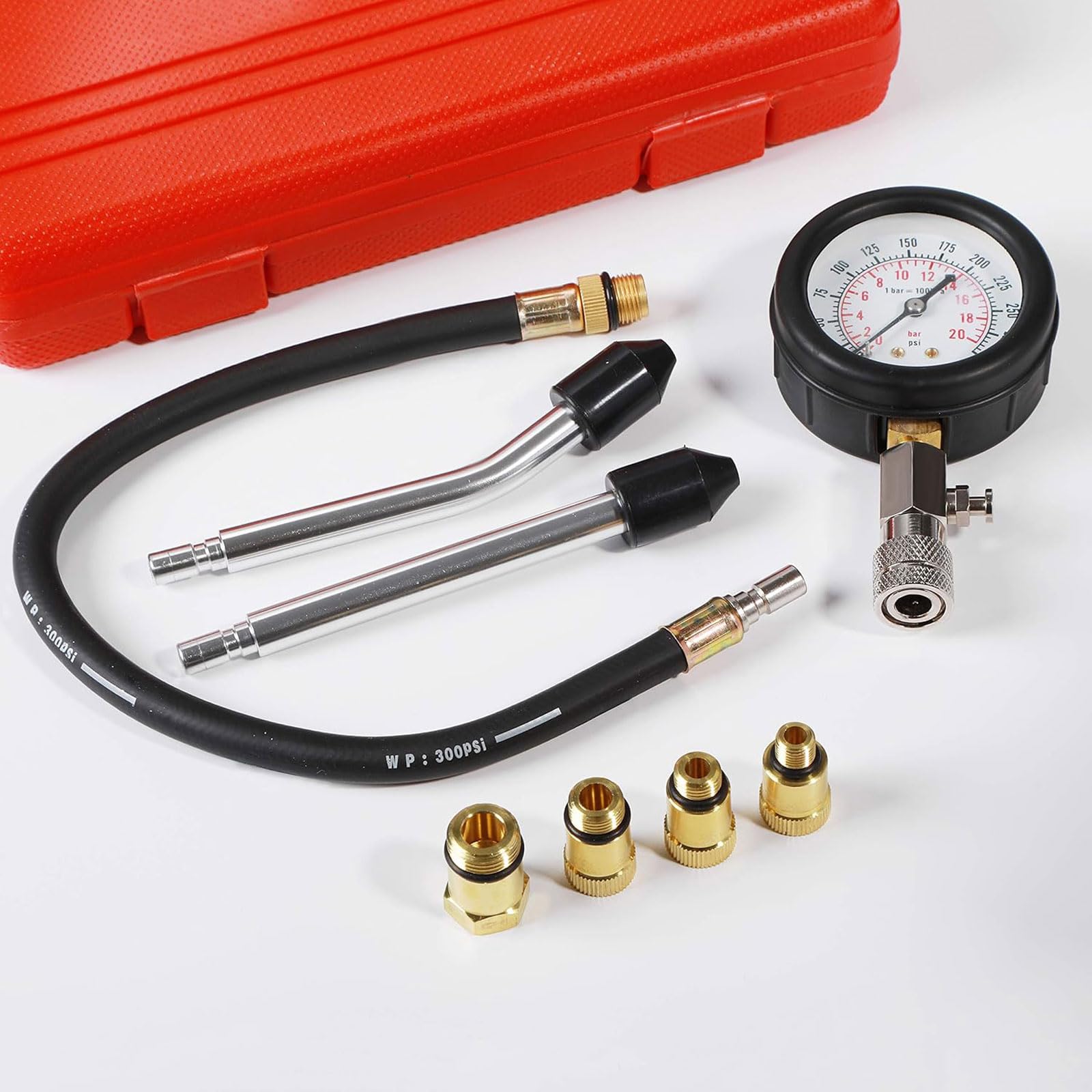 8PCS Compression Tester, Engine Compression Tester kit Professional Petrol Gas Engine Cylinder Pressure Gauge 0-300 PSI Automotive Tool for Motorcycle Car Truck