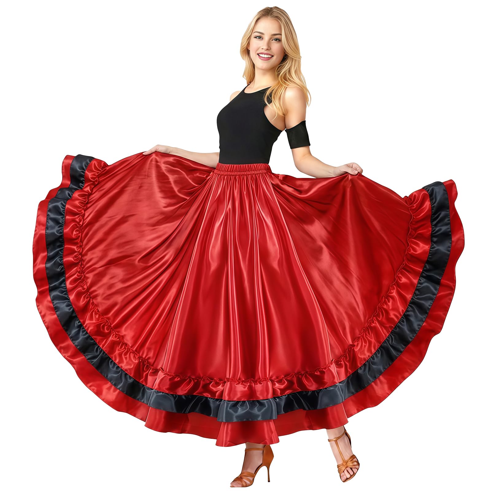 Baisdan Jupe Danse Orientale en Satin pour Femme, Jupe Flamenco Multicouches avec Volants, Idéale pour Danse du Ventre et Spectacles Orientale