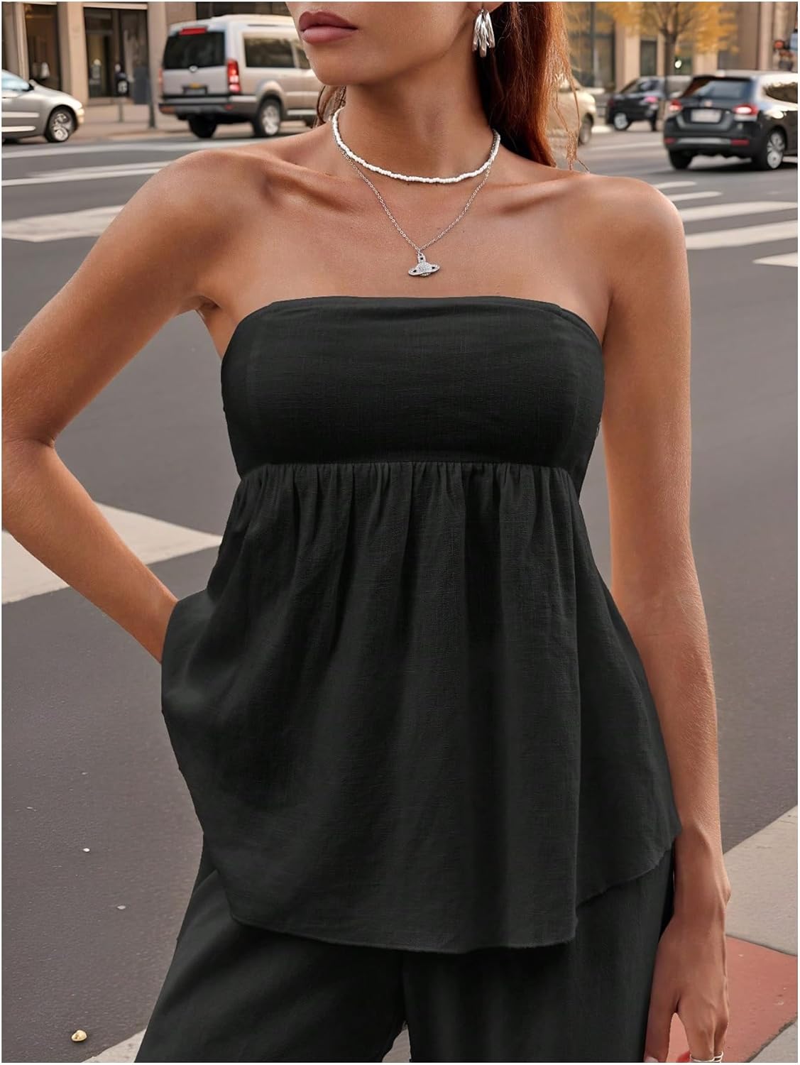 SHENHE Women's Ruffle Peplum Tube Top Strapless Asymmetrical Flowy Babydoll Bandeau Tops - Image 3