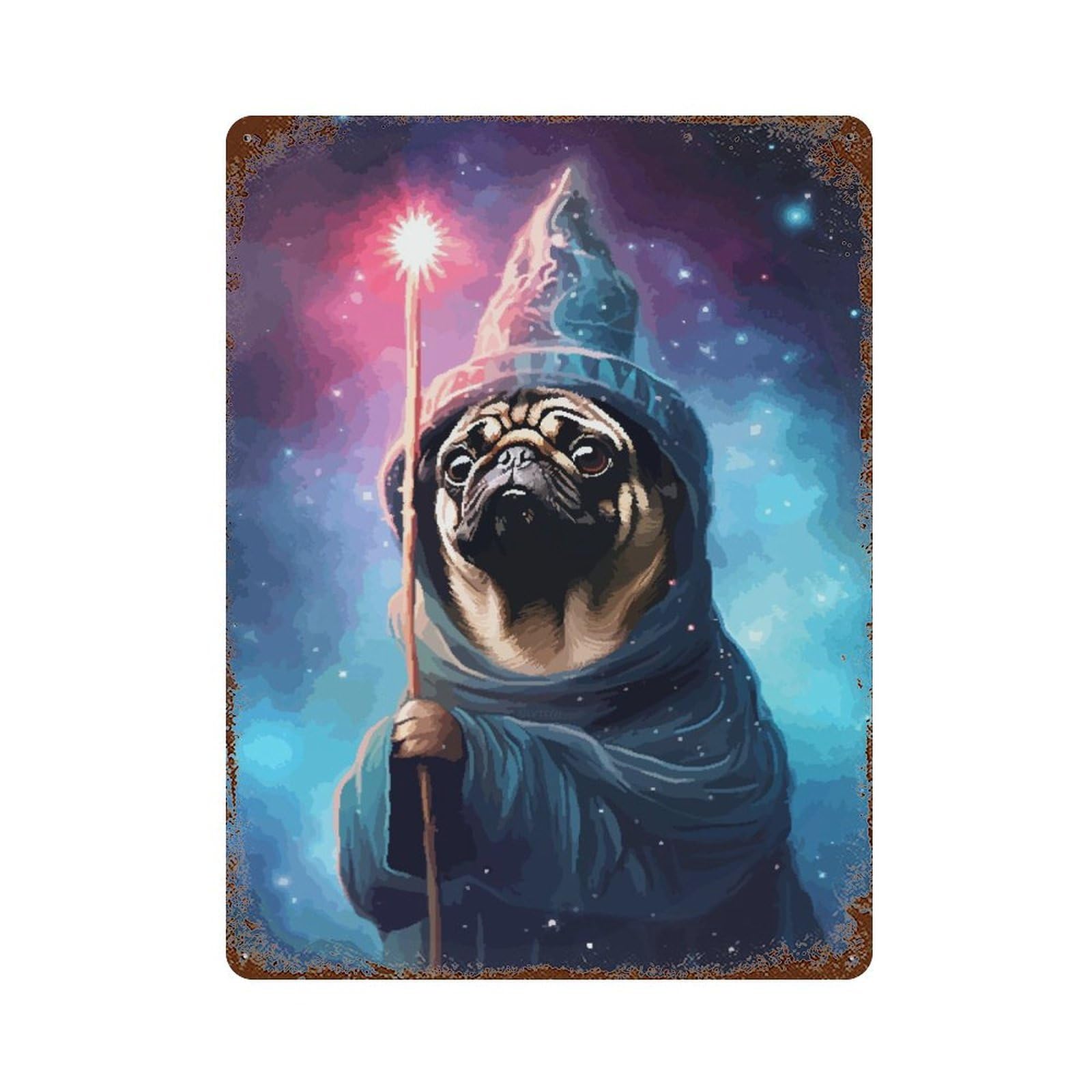 Weathered Tin Sign with Pug Wizard Cute Pixel Art Design 15.7"x11.8", for Garage, Bar And Workshop Decor, Decorative Metal Wall Art