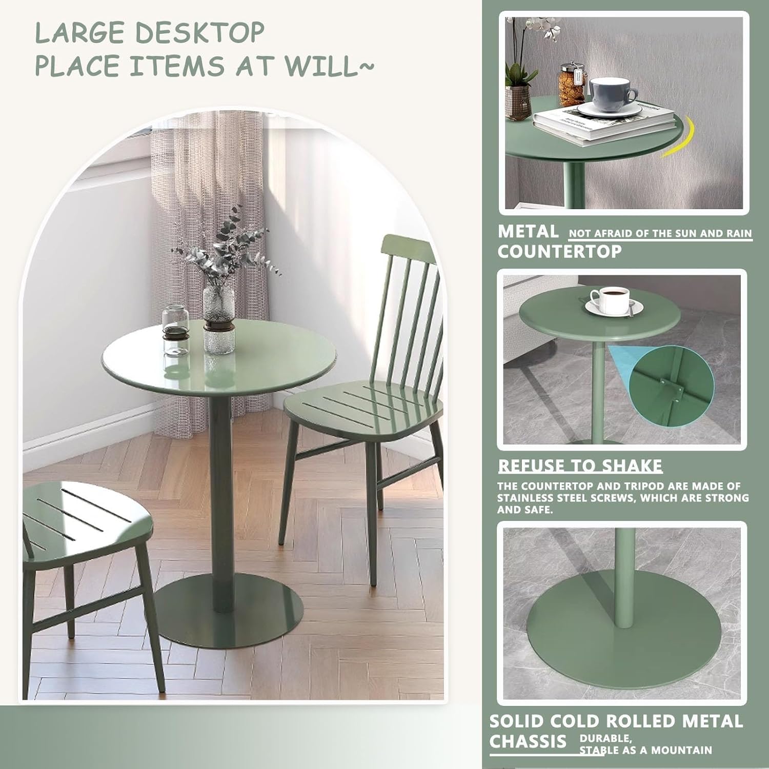 Kitchen Dining Table Coffee Drink Table - All-Metal Iron Side Table End Table for Indoor Outdoor Patio, Cocktail Bar Table Tall Pub Bistro Table(Green,40x40x50cm)