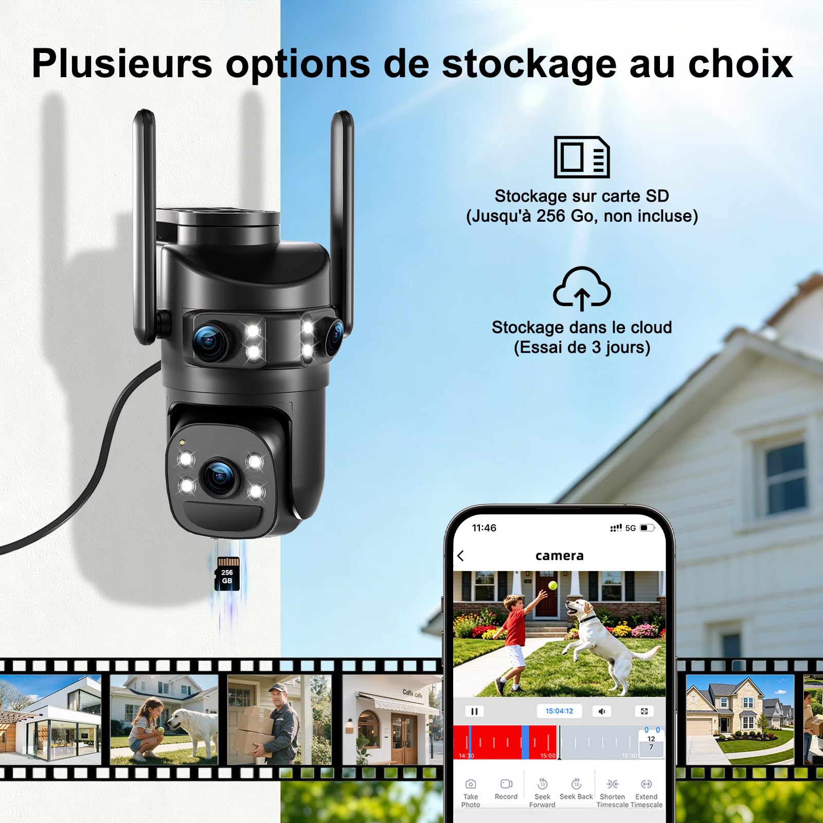 4K Caméra de Surveillance WiFi Extérieure,Triple Objectif Camera Extérieur | 360° PTZ Sécurité à Domicile,Suivi Automatique,Vision Nocturne Couleur,Audio Bidirectionnel,IP66