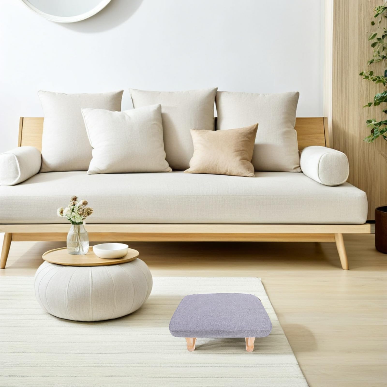 NOLITOY Taburete Pequeño de Madera Maciza Asiento Tapizado en Tela Gris, Reposapiés Multifuncional para Cambiar Zapatos, Meditación y Yoga, Portátil y Compacto para Hogar y Oficina