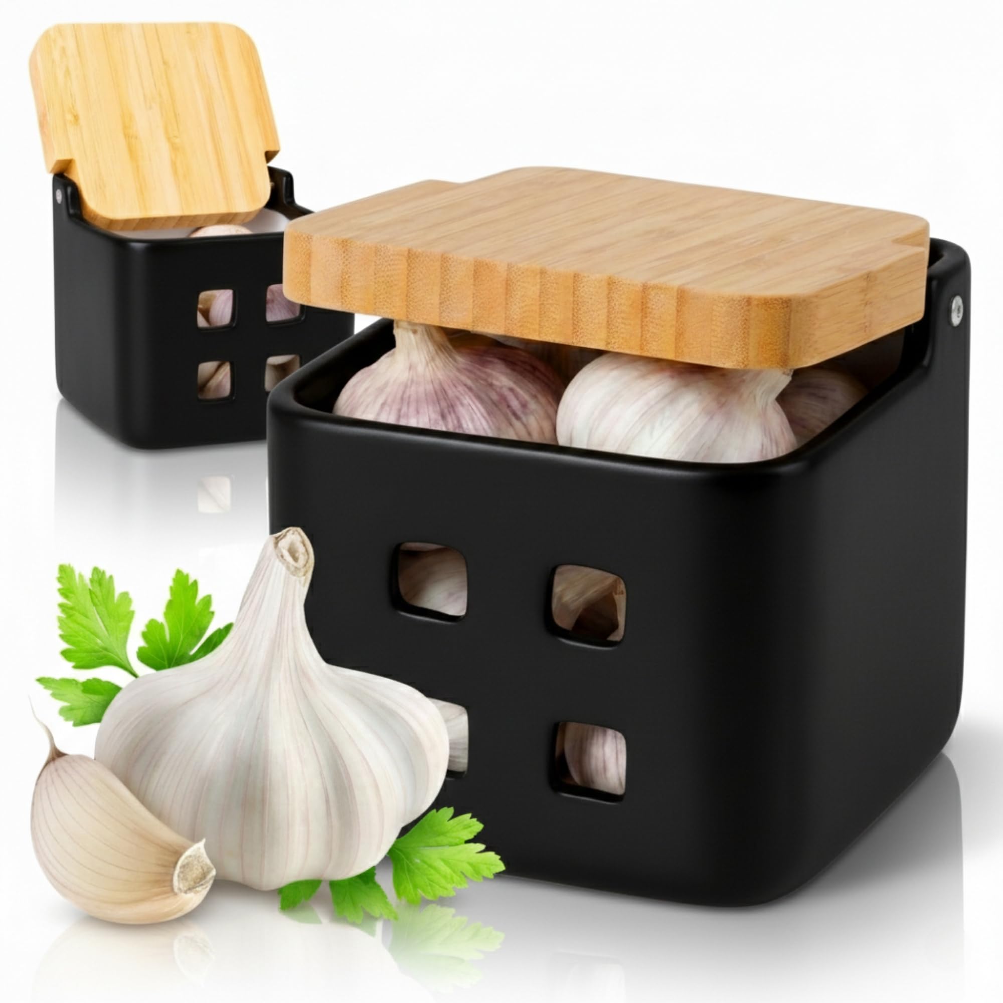 KOOK TIME Ceramic Garlic Keeper with Bamboo Swivel Lid | Garlic Storage Pot with Ventilation Holes for Freshness | Matt Black and Natural Bamboo, 11.5 x 11.5 x 11.5 cm
