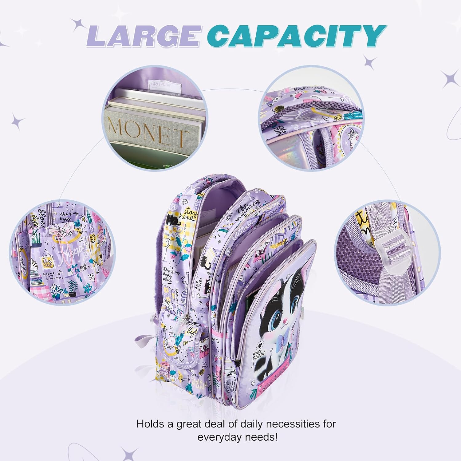 KidsPUNK Girls Backpack Kids Backpacks for Girls Cute Milk Cat Backpack Kawaii Backpack for Preschool Elementary Kindergarten,Light Purple Color,Large Capacity,16 Inch