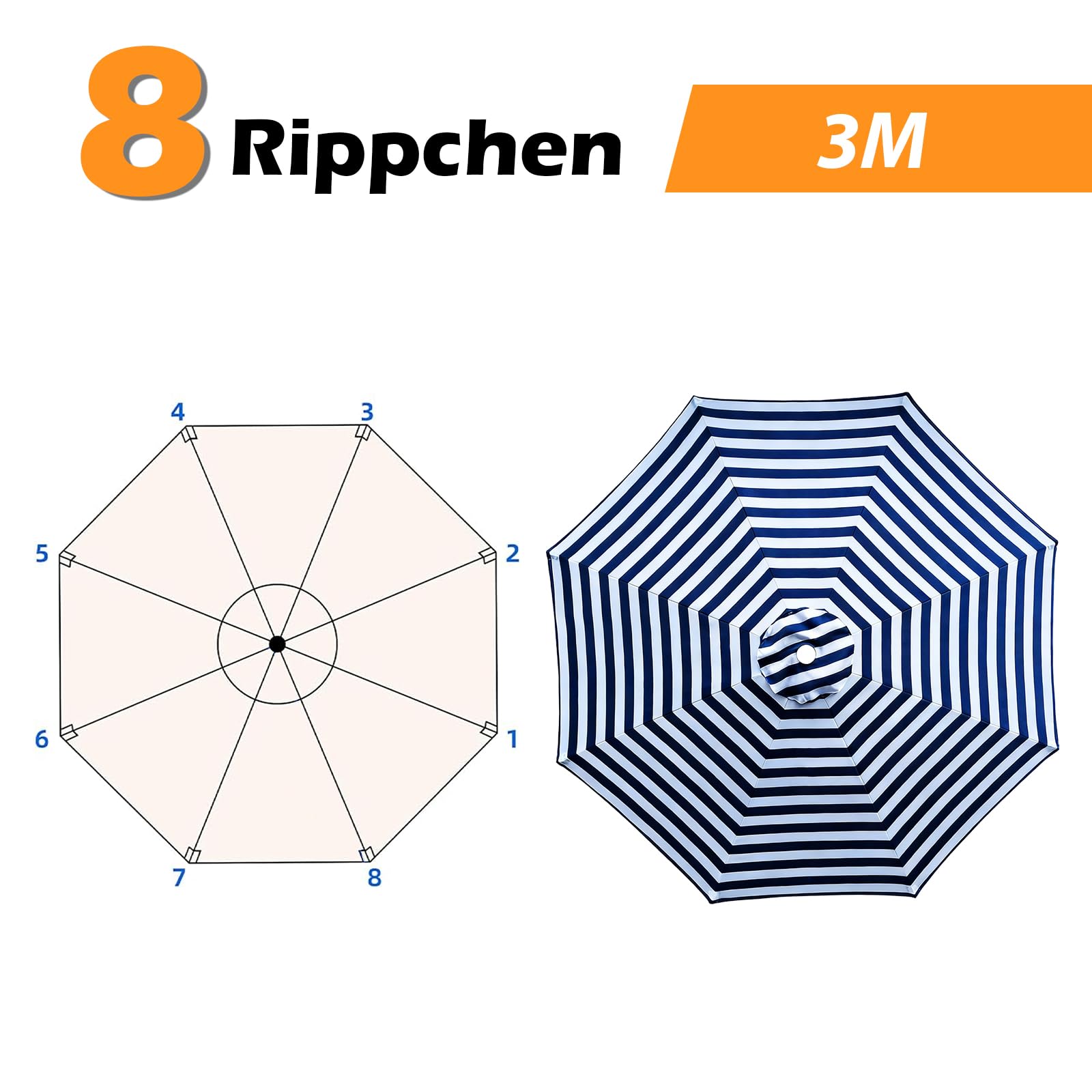 ACESOME Housse de rechange pour parasol - 2 m, 2,7 m, 3 m - Côtes 6/8 - Pas de support de parasol - Auvent de rechange - Pour cour, jardin, piscine (bleu et blanc, 3 m/8 côtes)