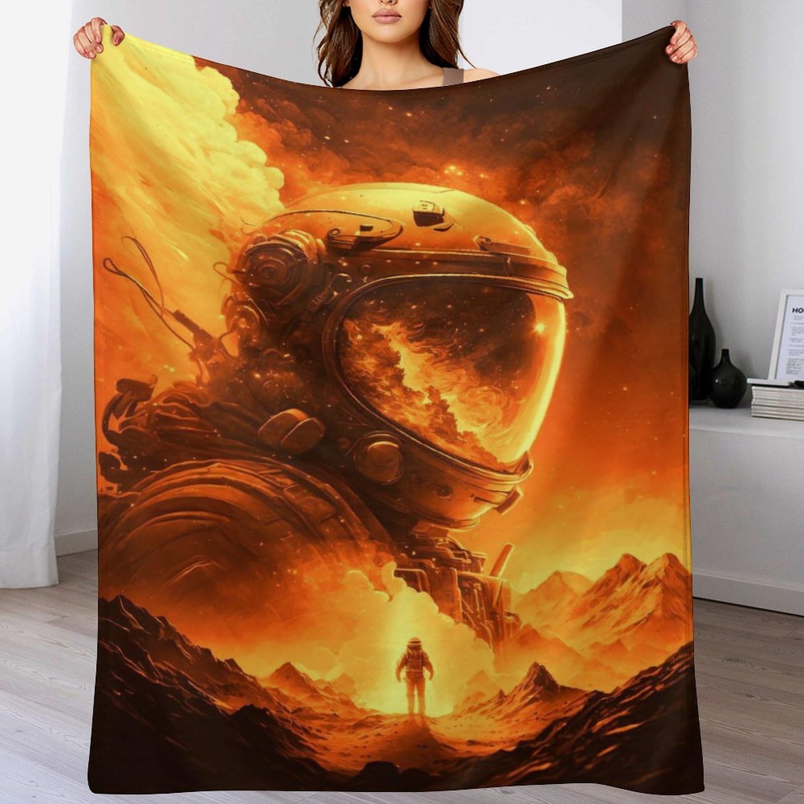 Couverture polaire astronaute doré en flanelle chaude pour canapé et lit 130x180cm
