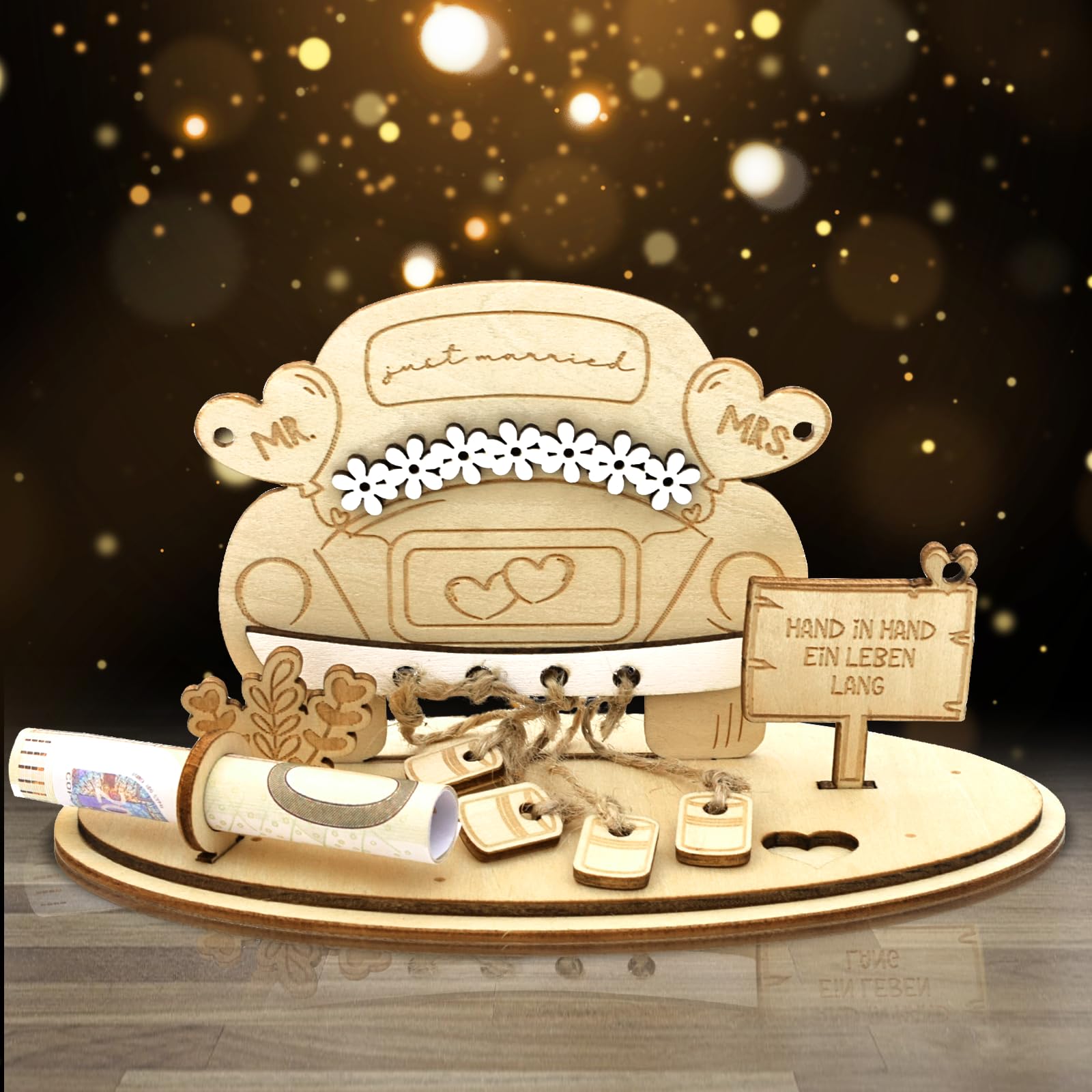 kiimiipa Geldgeschenk Hochzeit Holz,Hochzeitsgeschenk geldgeschenk,Hochzeitsgeschenke für Brautpaar,Hochzeit Dekorative Geschenk,Herzförmiges Geschenk zum Hochzeit Hochzeitstag (Just Married)