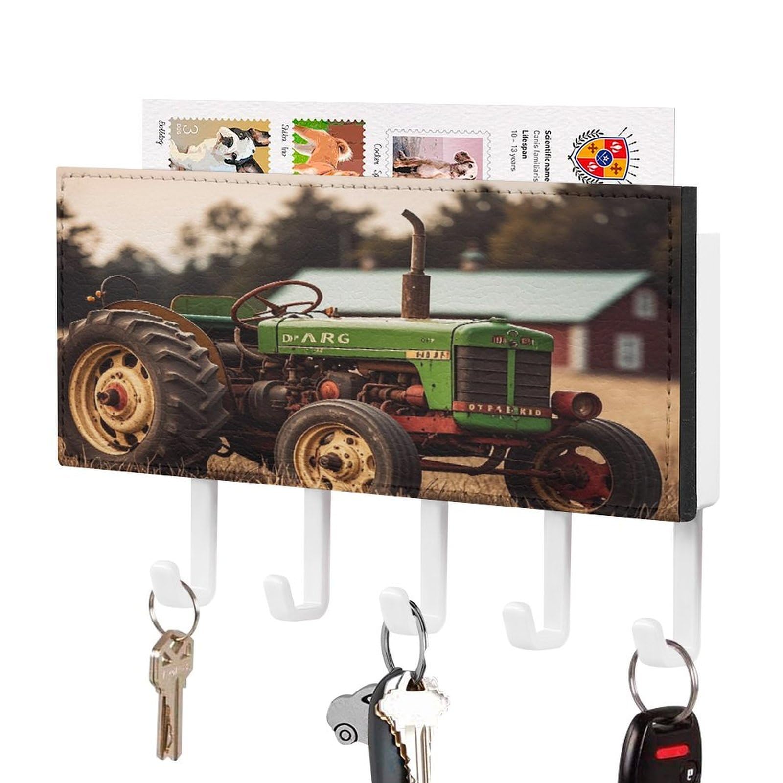Fekiloot White-Style Old Tractor Photo Farm Key Holder Wall Mount Key Hanger With 5 Hooks Decorative Key Rack Hanging Key Hooks With Mail Organizer Key Holder For Wall Living Room Kitchen Bathroom Hallway White
