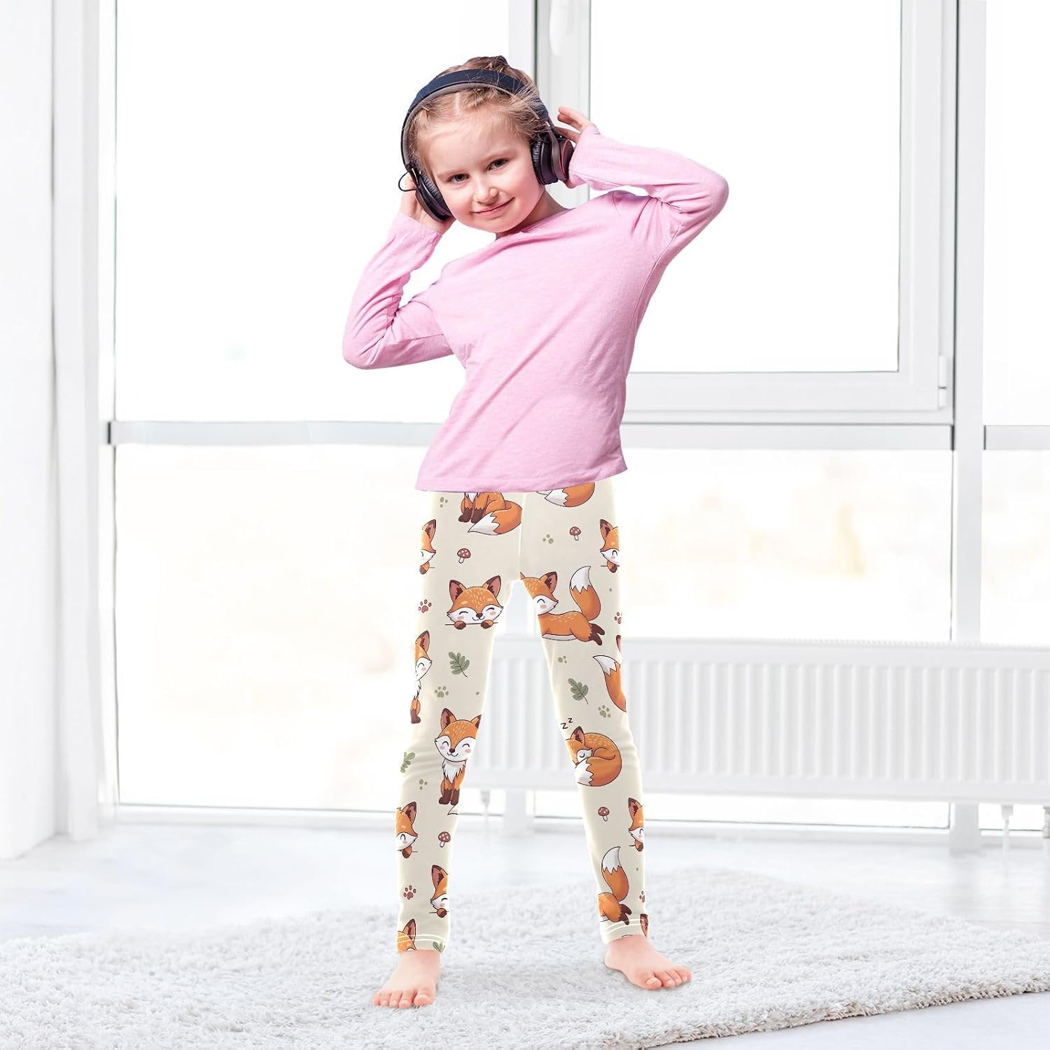 Active Leggings for Girls Cartoon Fox Beige