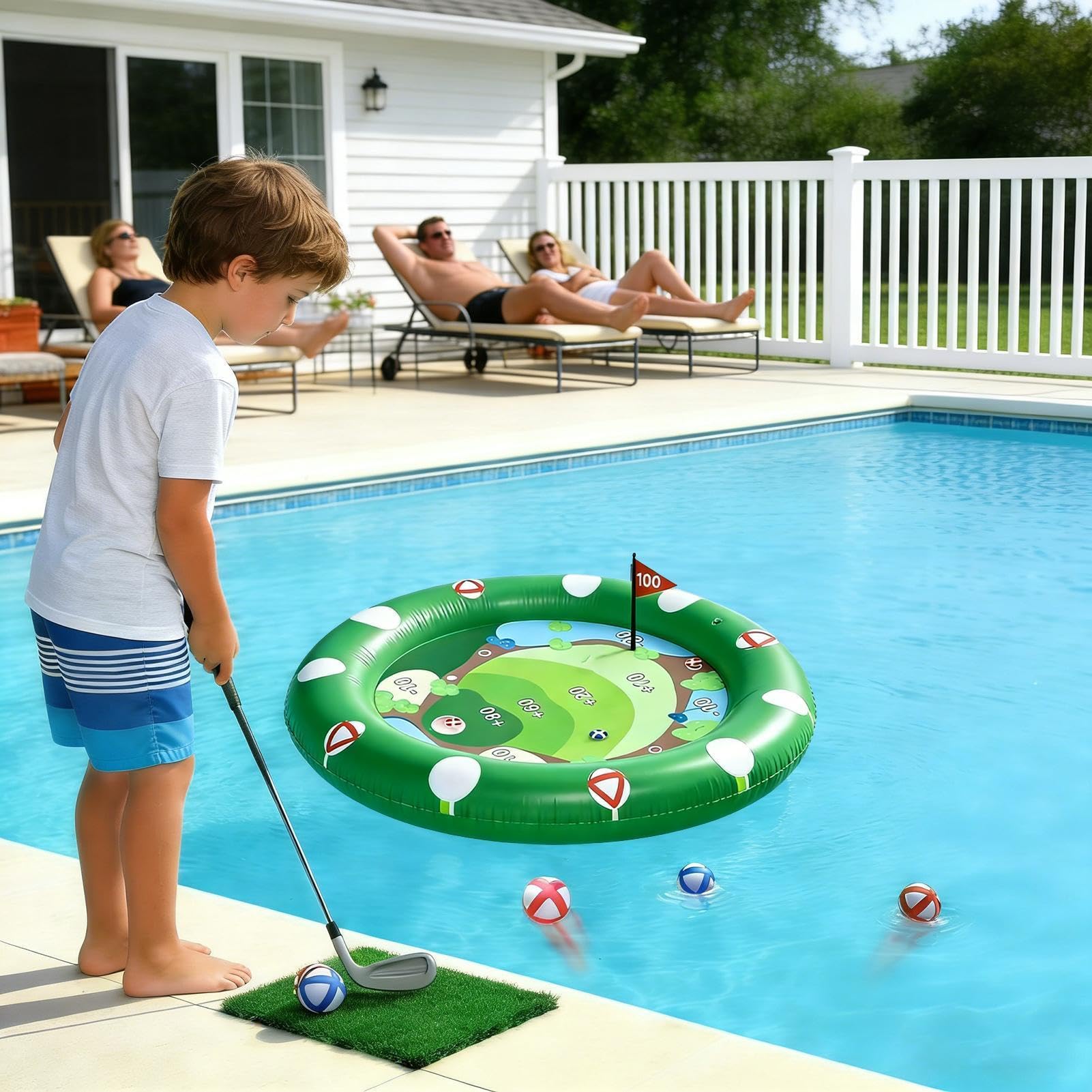 Juego de golf flotador para piscina – PVC hinchable 120 x 120 cm | Juego de Chipping acuático con bolas pegajosas | Juego de exterior para de cumpleaños y jardín