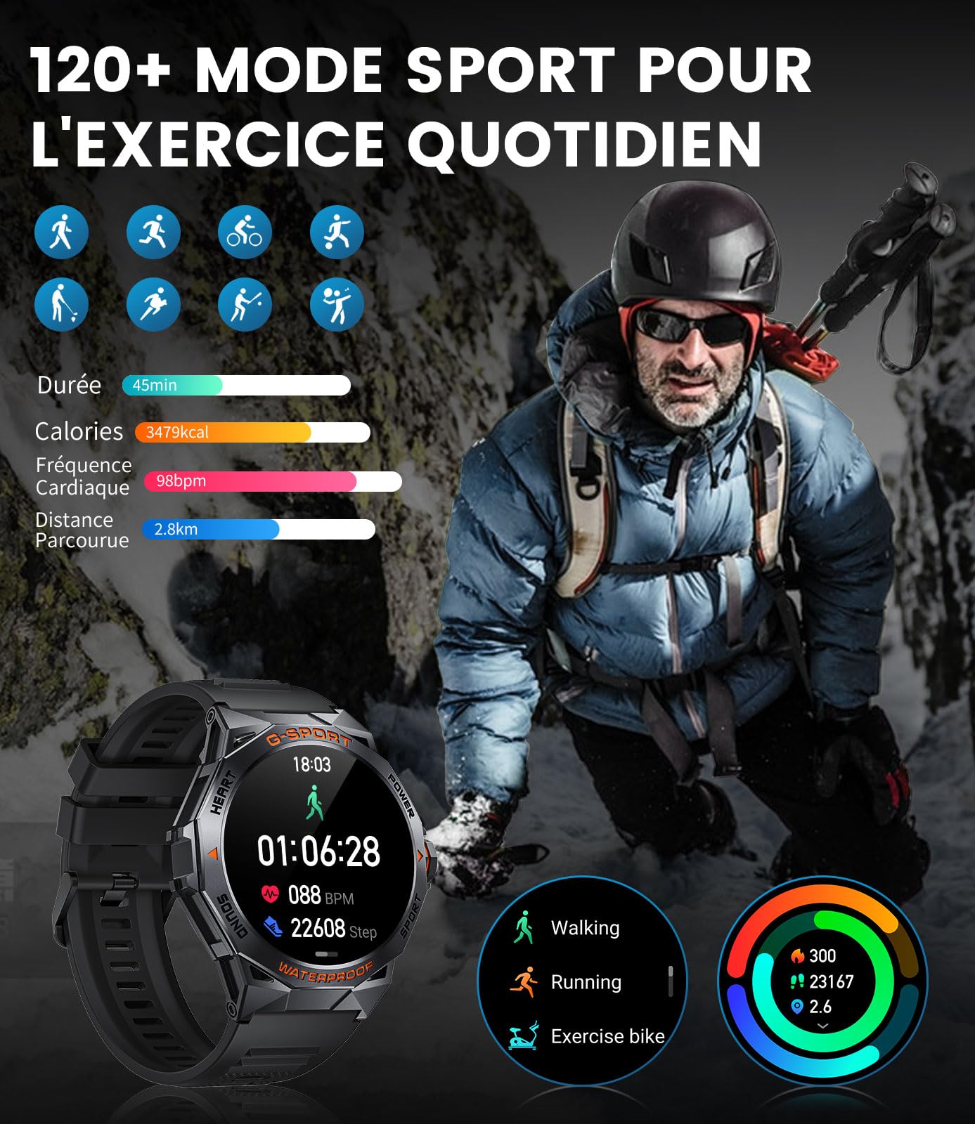 DREMAC Montre Connectée Homme avec Appel 1,43'' AMOLED Militare Montre Connectée,120+ Modes Sportifs,24/7 Moniteur de Fréquence Cardiaque SpO2 et Sommeil,400mAh Batterie,IP68 Étanche,pour Android iOS