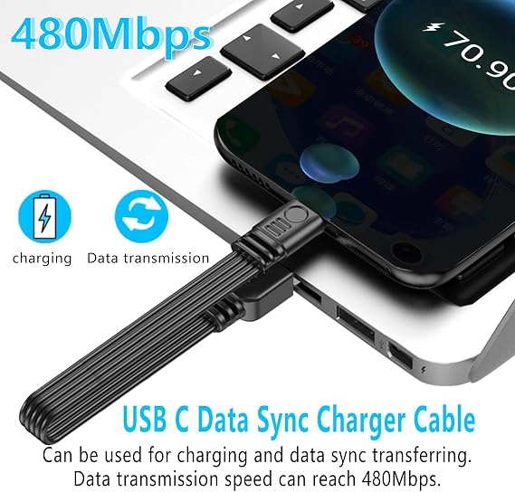 ショート90度USB Type C 2.0フラットケーブル、PD 65W USB C 2.0高速充電コード、データ&高速充電同期コード、ショートUSB Type Cフラットソフトデータケーブル、電話用角度から角度、0.3M