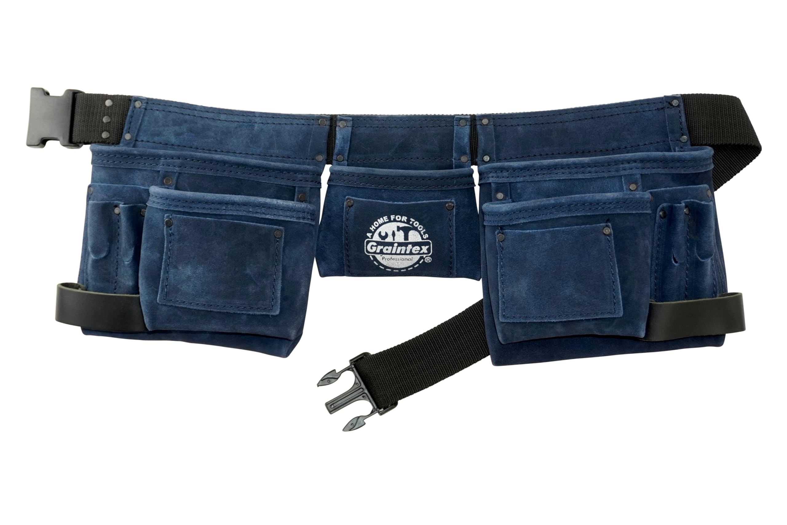 Graintex DS2346 11 Pocket Navy Blue Color Suede Leather Tool Belt/Tool Bag/Work Apron, 2 Hammer Loop, Adjustable Belt | Construction, Carpenter,