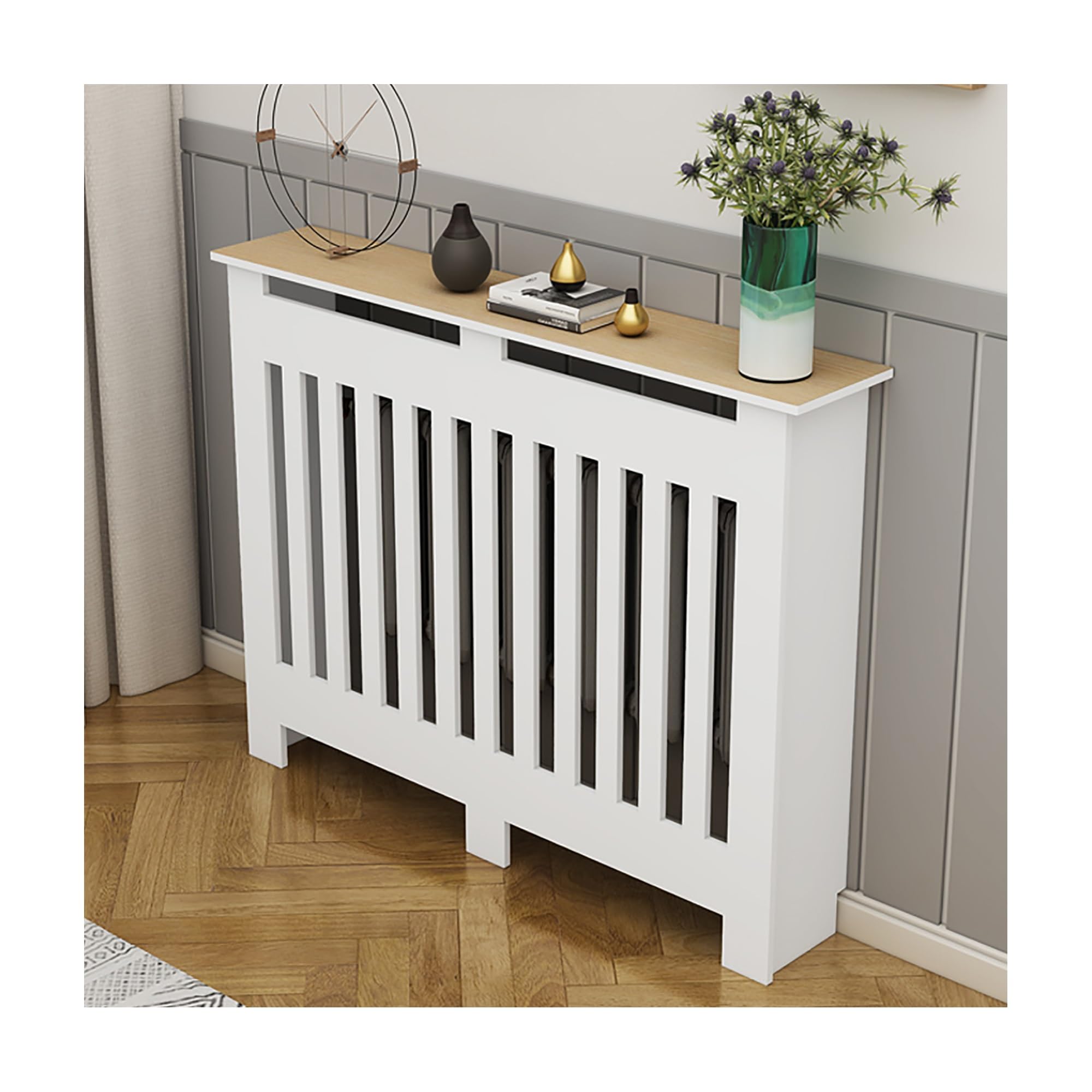 Cache-radiateur blanc pour masquer un vieux radiateur et gagner du rangement