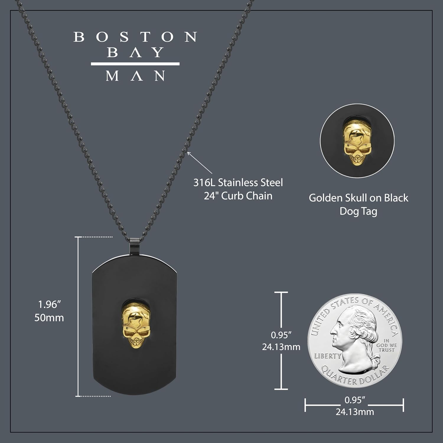 Boston Bay Men’s Black 316L Stainless Steel and Yellow Gold Plated Dog Tag Pendant Necklace with 24" Inch Matching Chain