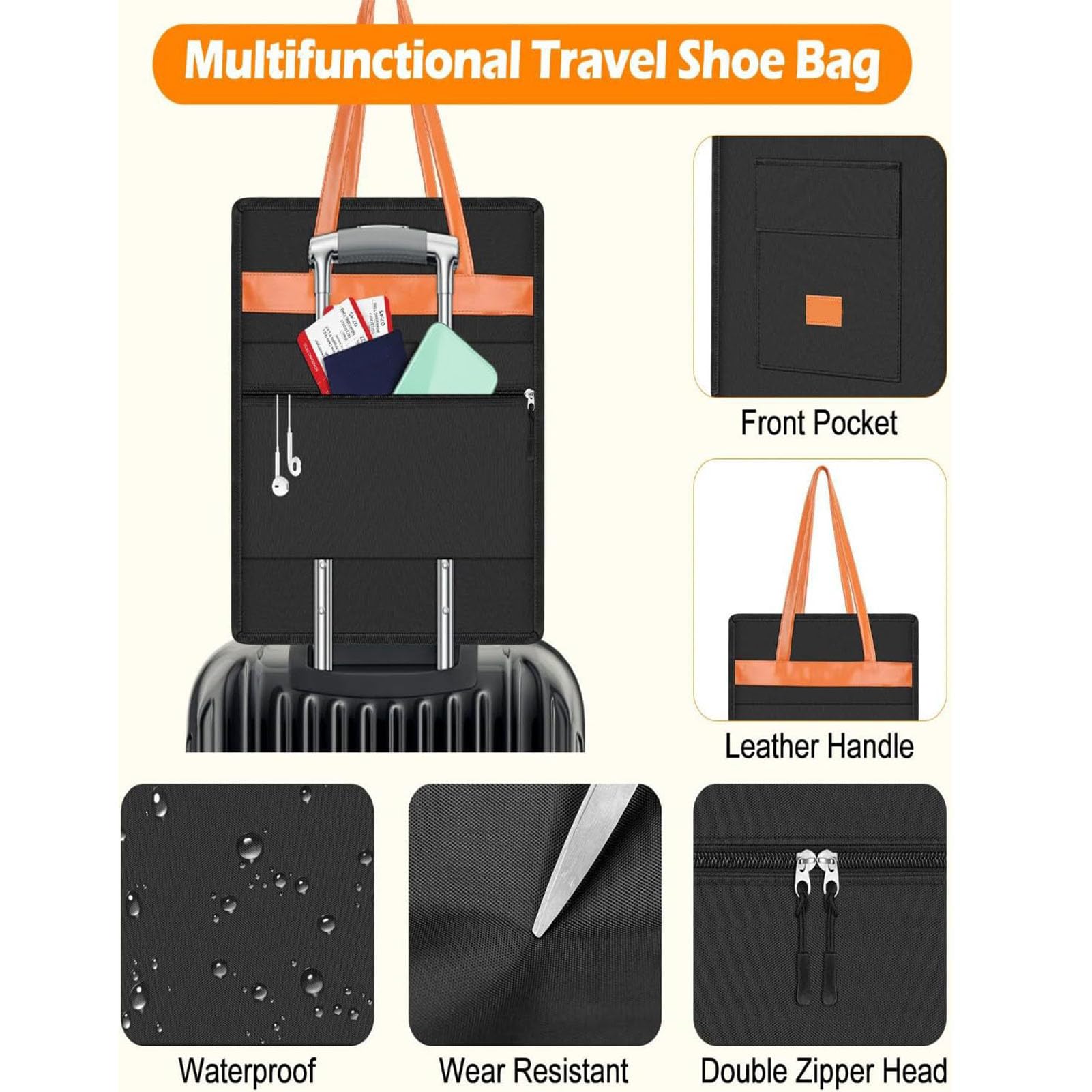 Luocute Borsa per Scarpe da Viaggio con Manico in Pelle Nera, può Contenere 6 Paia (BLACK)