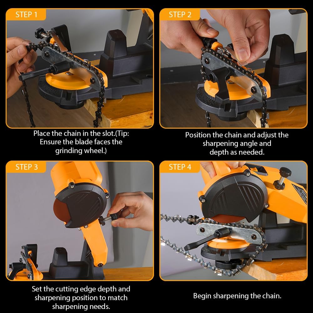 Hoteche 85W Electric Chainsaw Sharpener | 5500RPM, 23mm Bore, 108mmx3.2mm Grinding Disc, 35° Angle, Complete Accessories